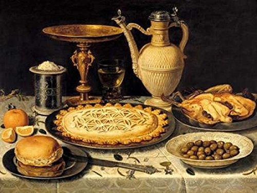 Clara Peeters Still Life Painting Print - Tart, Roast Chicken, Bread, Rice & Olives (22x28 Inch) - Vintage Art Poster for Dining Room, Kitchen Decor & Gifts