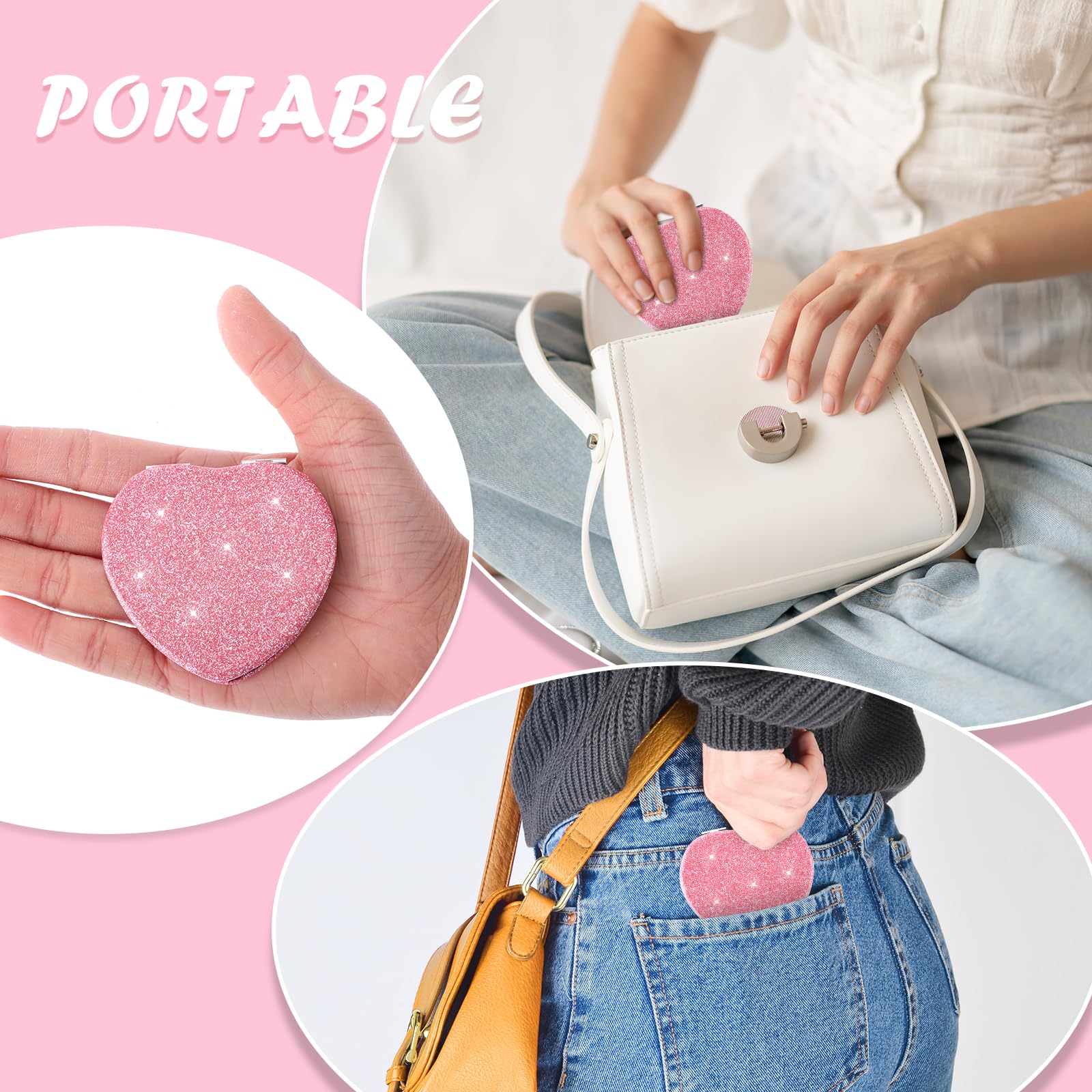 Heart Shaped Compact Mirror for Women - Double Sided 1x/2x Magnifying Pocket Mirror, Portable Vanity Mirror for Purse, Handbag, Wallet, Travel, Home & Office Use (Pink, Cute Mini Design)