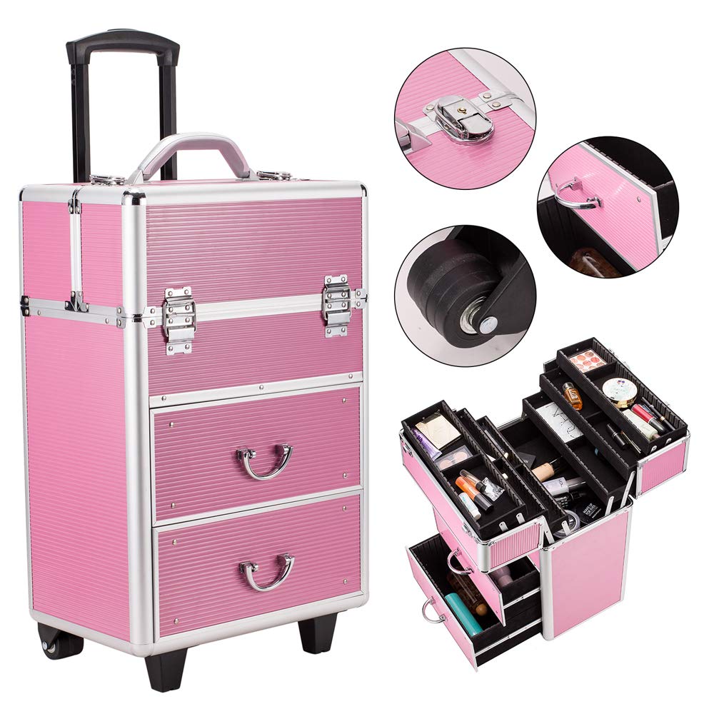 4-Tier Lockable Cosmetic Makeup Train Case with Extendable Trays - Pink Organizer for Professional Makeup Artists & Travel | Portable Beauty Storage for Salon, Home & On-the-Go Use