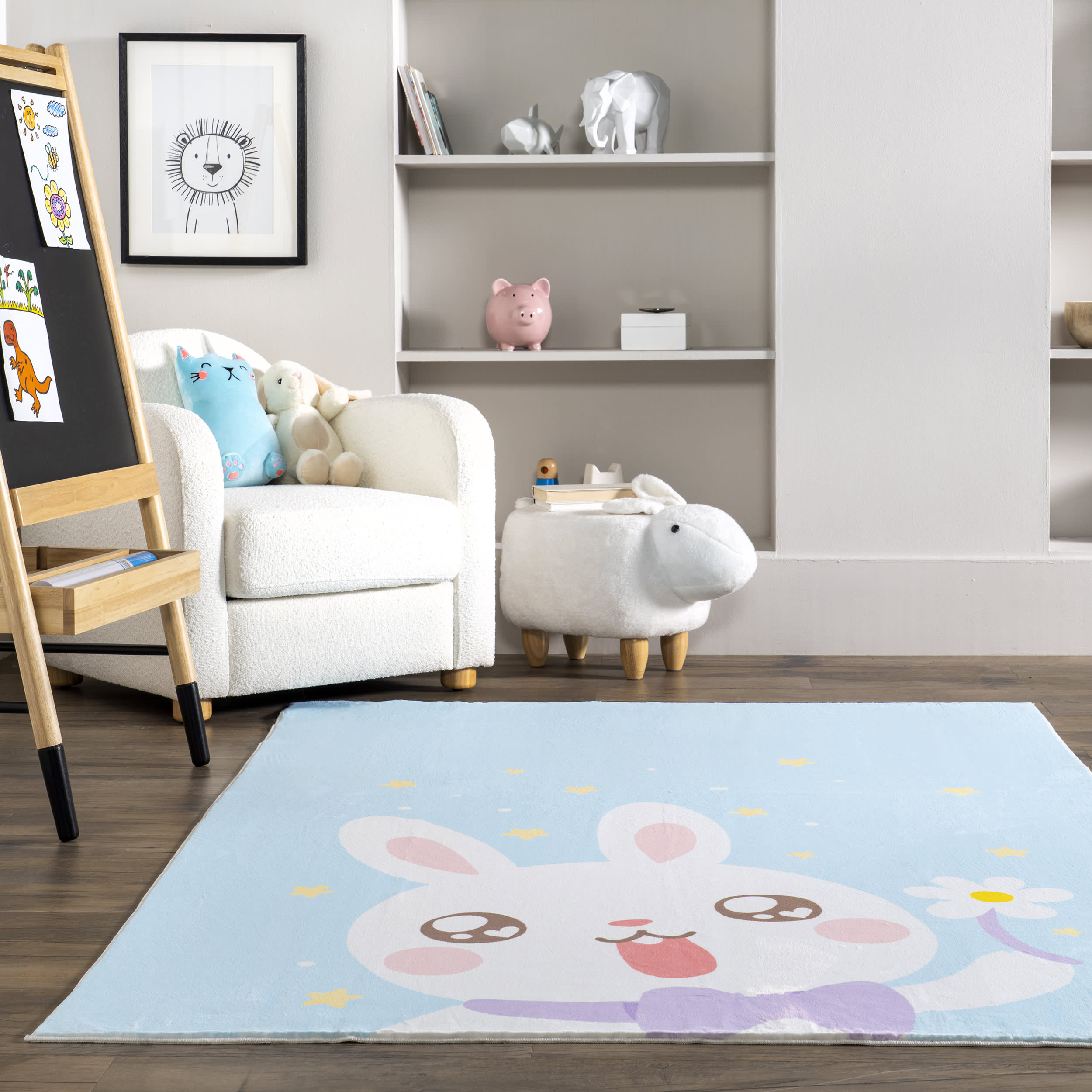 Enya Washable Kids Rabbit Rug - Soft Blue Nursery Carpet for Playroom, Bedroom & Toddler Floor Mat | Safe & Non-Slip