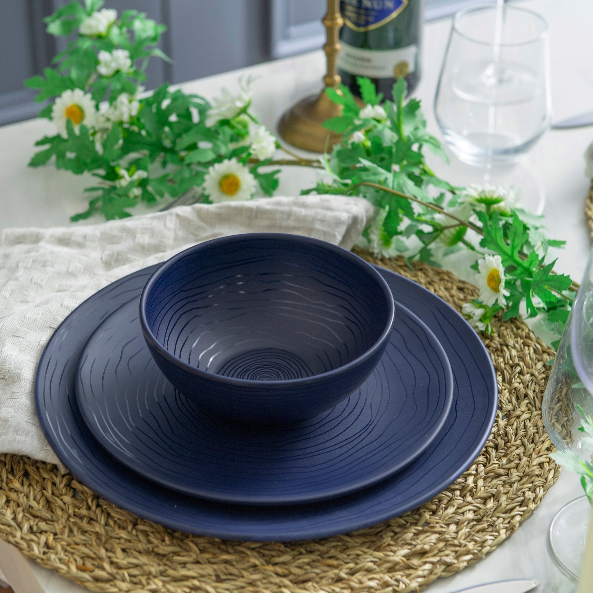 12-Piece Organic Melamine Dinnerware Set - French Navy Plates & Bowls for Outdoor Dining, Picnics, and Camping
