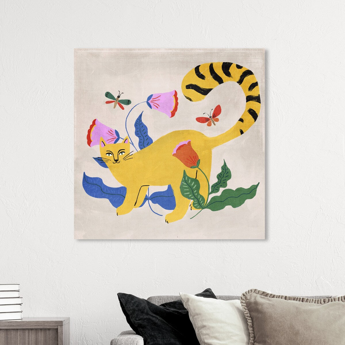 Modern Yellow Floral Kitten Butterfly Canvas Wall Art Print - Blonde Tabby Cat Garden Decor for Bedroom, Living Room & Nursery | Home Wall Decorations