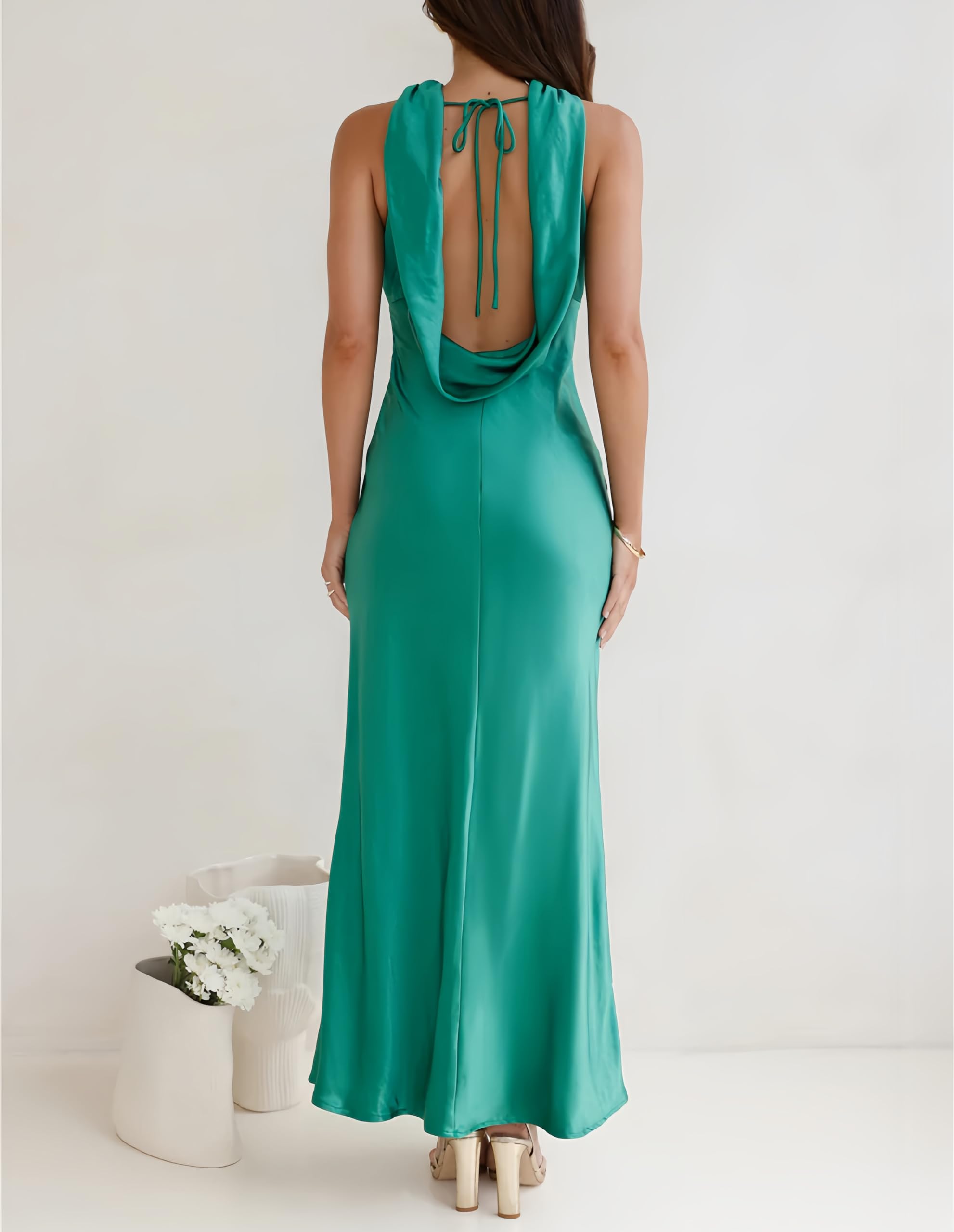 2024 Elegant Satin Cutout Halter Neck Midi Dress - Silk Sexy Sleeveless Backless Formal Gown with Empire Waist for Wedding Guest, Party, Cocktail & Special Occasions