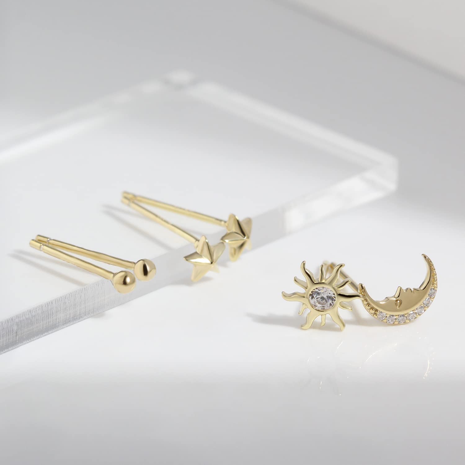 Hypoallergenic Sterling Silver Stud Earrings for Women - Cute Tiny Ball, Moon, Sun & Star Earring Set for Pierced Ears (Gold) | Perfect for Everyday Wear, Gift Giving & Special Occasions