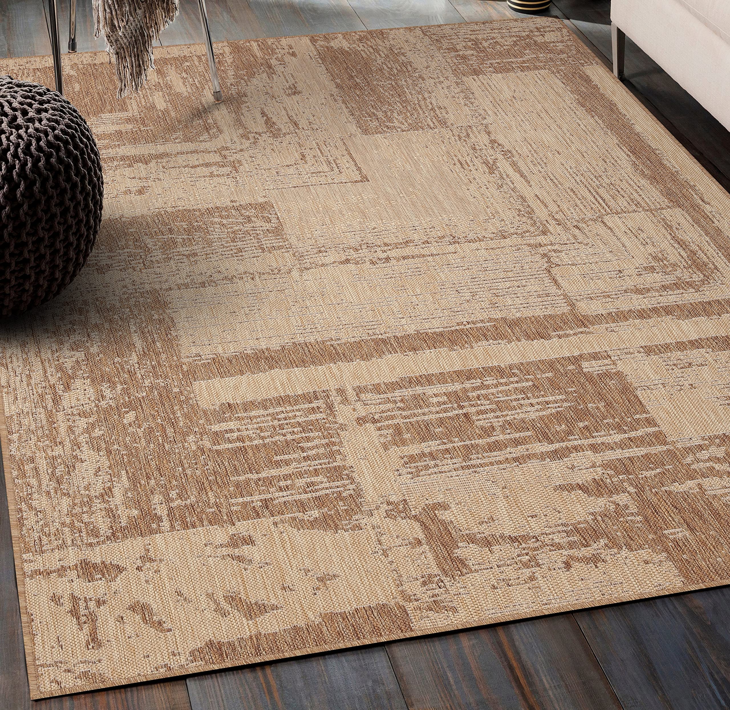 Modern Abstract Indoor Outdoor Area Rug 8x10 - Weather Resistant & Durable - Beige & Brown - Perfect for Porch, Deck, Balcony, Backyard & Patio - Ideal for Outdoor Entertaining & Home Decor