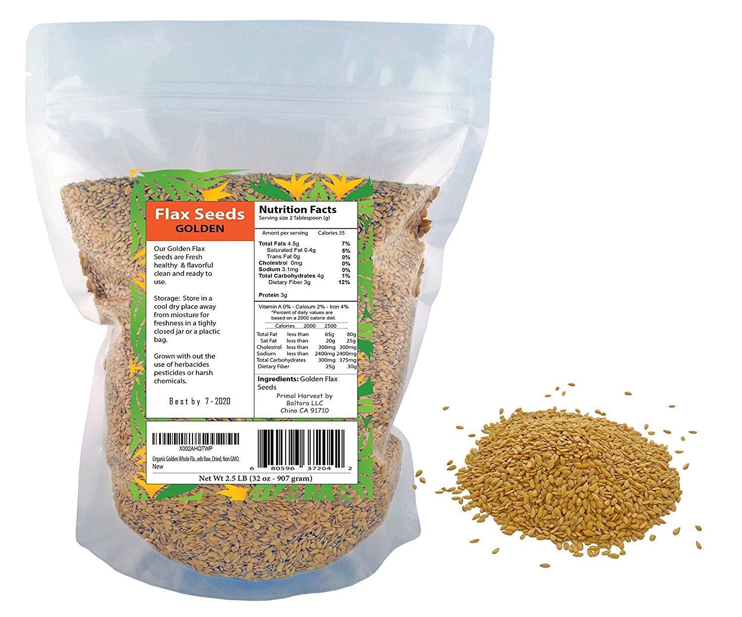 Organic Golden Flax Seeds Whole, Non-GMO Bulk 1lb - High in Omega-3 & Fiber for Smoothies, Baking & Healthy Snacks