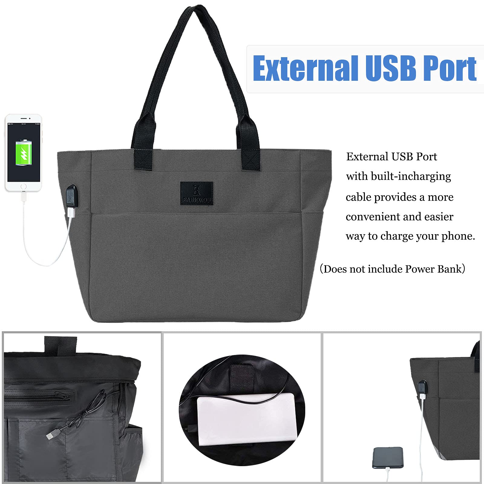 Stylish Large Tote Bag for Women - 15.6-17 Inch Laptop Work Bag with Zipper - Perfect for Nurses, Teachers & Students (Black/Grey) - Great for Work, School & Everyday Use