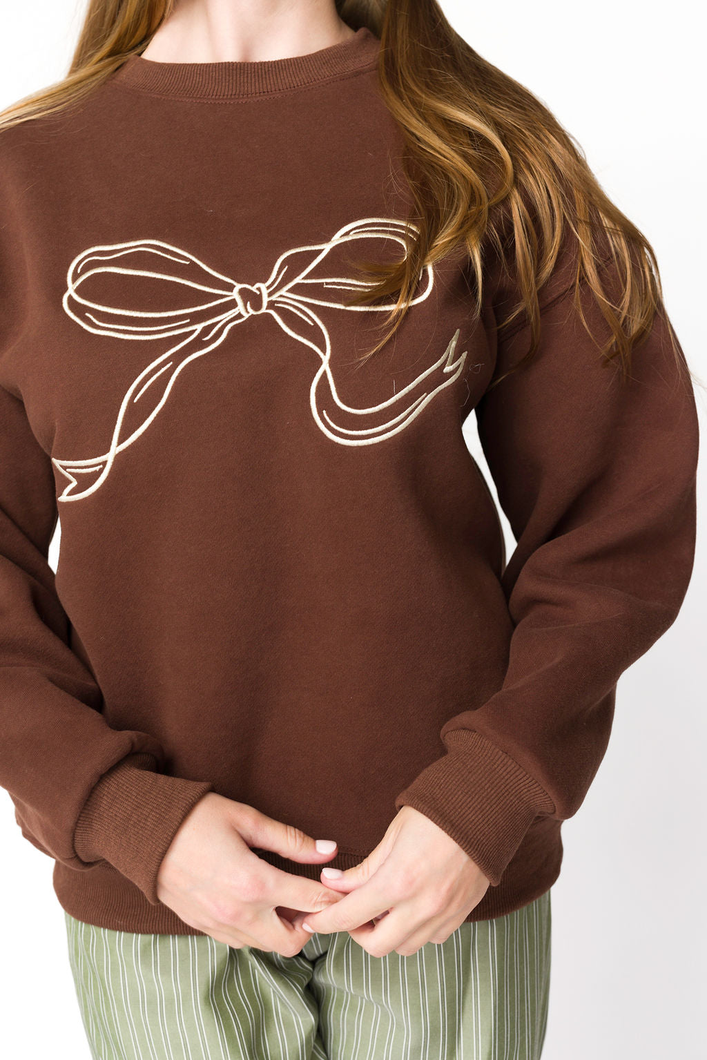 Claire Embroidered Bow Sweatshirt for Women - Chocolate Brown Pullover with Floral Embroidery | Cozy Casual Wear for Fall & Winter | Perfect for Coffee Dates, Shopping & Weekend Outings