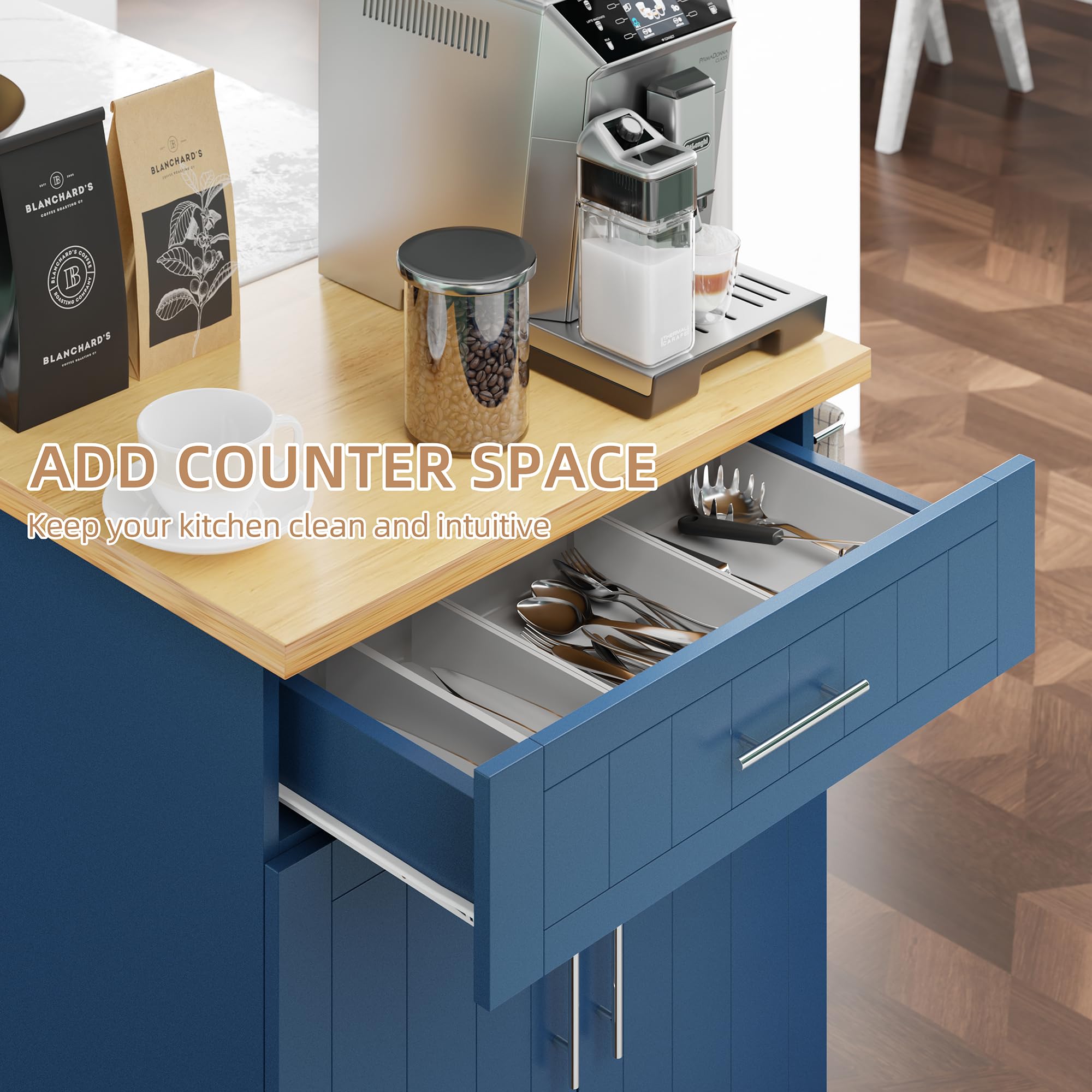 Shintenchi Blue Kitchen Island Cart with Storage - Rolling Side Table on Wheels, Large Worktop, Cabinet, Towel Rack & Drawers for Kitchen, Dining Room, Small Spaces & Apartments