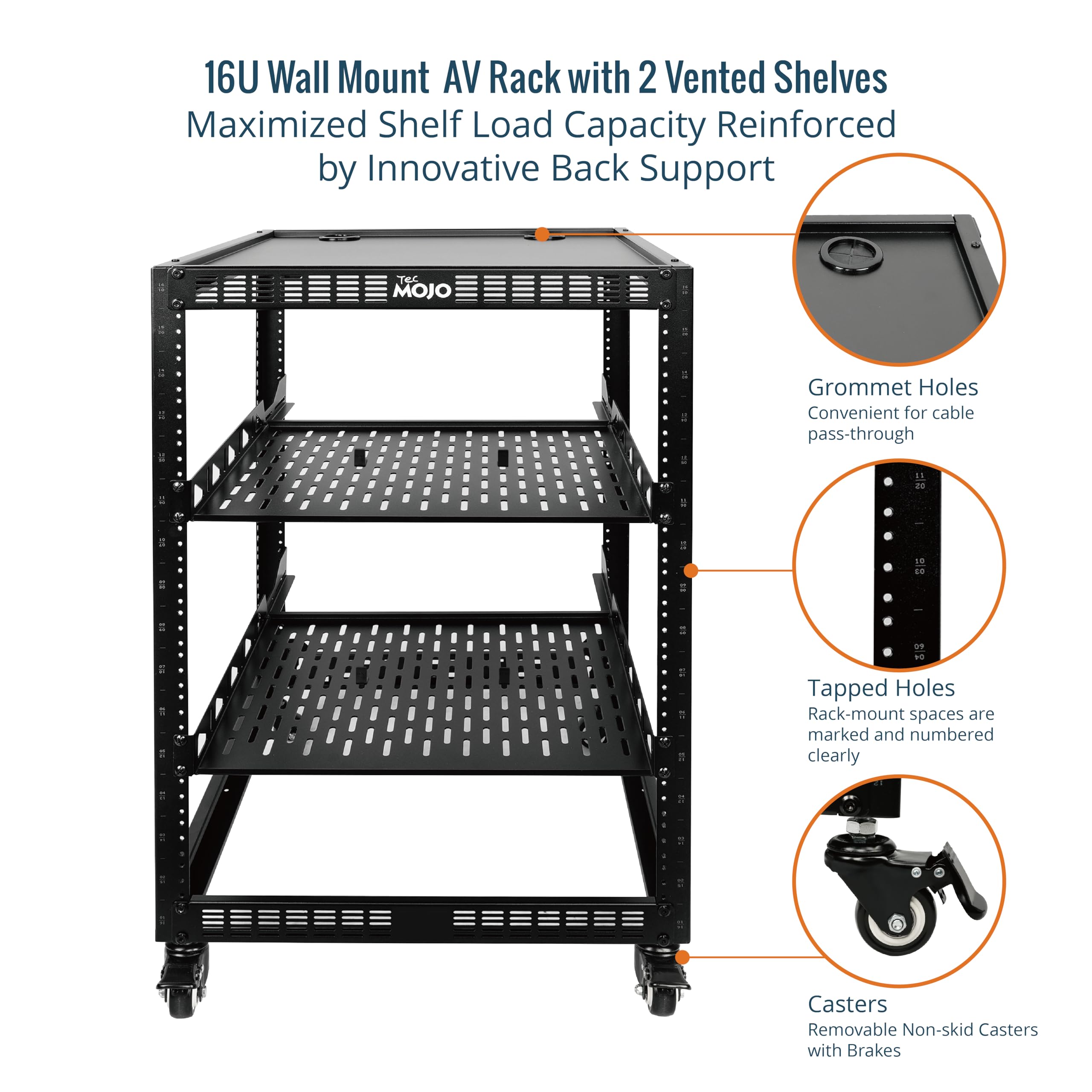 16U Open Frame Network Rack for IT & AV Equipment - 4-Post Server Rack with Casters, Mobile 16U Cabinet for 19