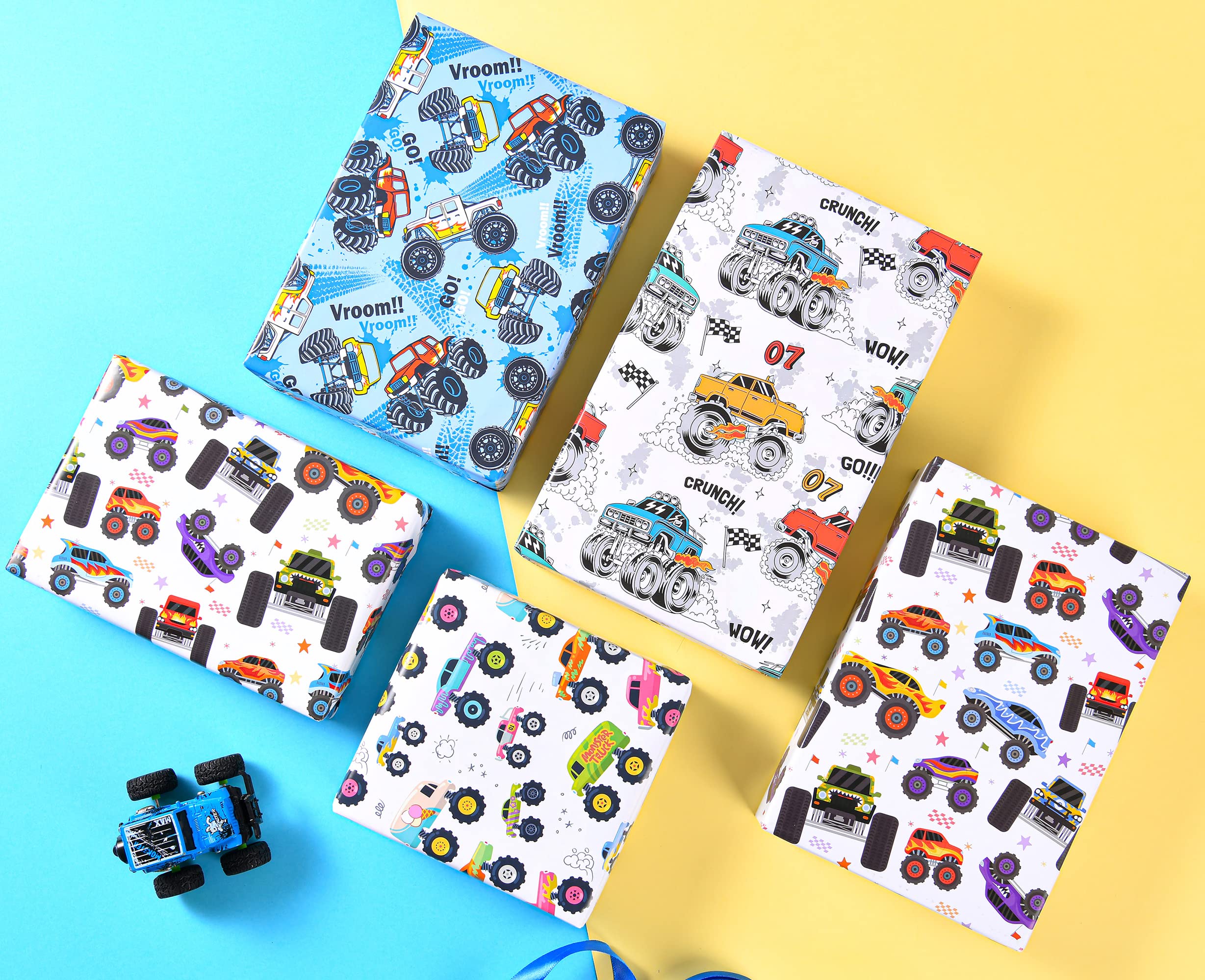 Titiweet Monster Truck Wrapping Paper for Boys - 12 Sheets Racing Car Gift Wrap (20x28 Inches) for Christmas, Birthday & Holidays | Perfect for Kids' Parties, Gifts & Toy Car Enthusiasts