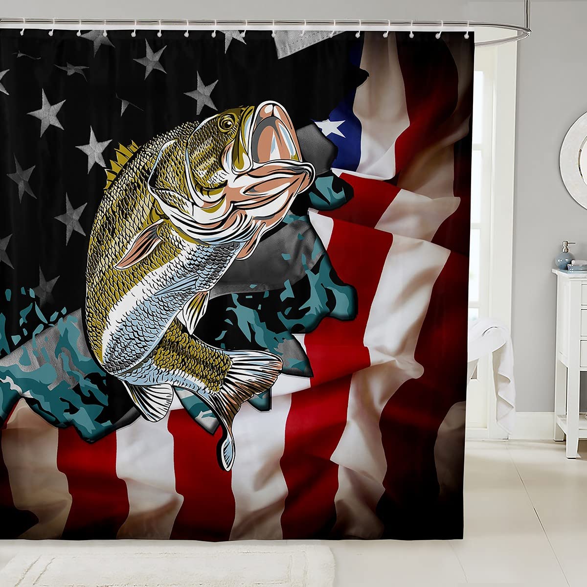 Bass Fish Shower Curtain - Waterproof Fishing Themed Bathroom Decor with American Flag Design 72x72 Inches - Perfect for Kids' Bathrooms, Hunting Enthusiasts & Outdoor Lovers