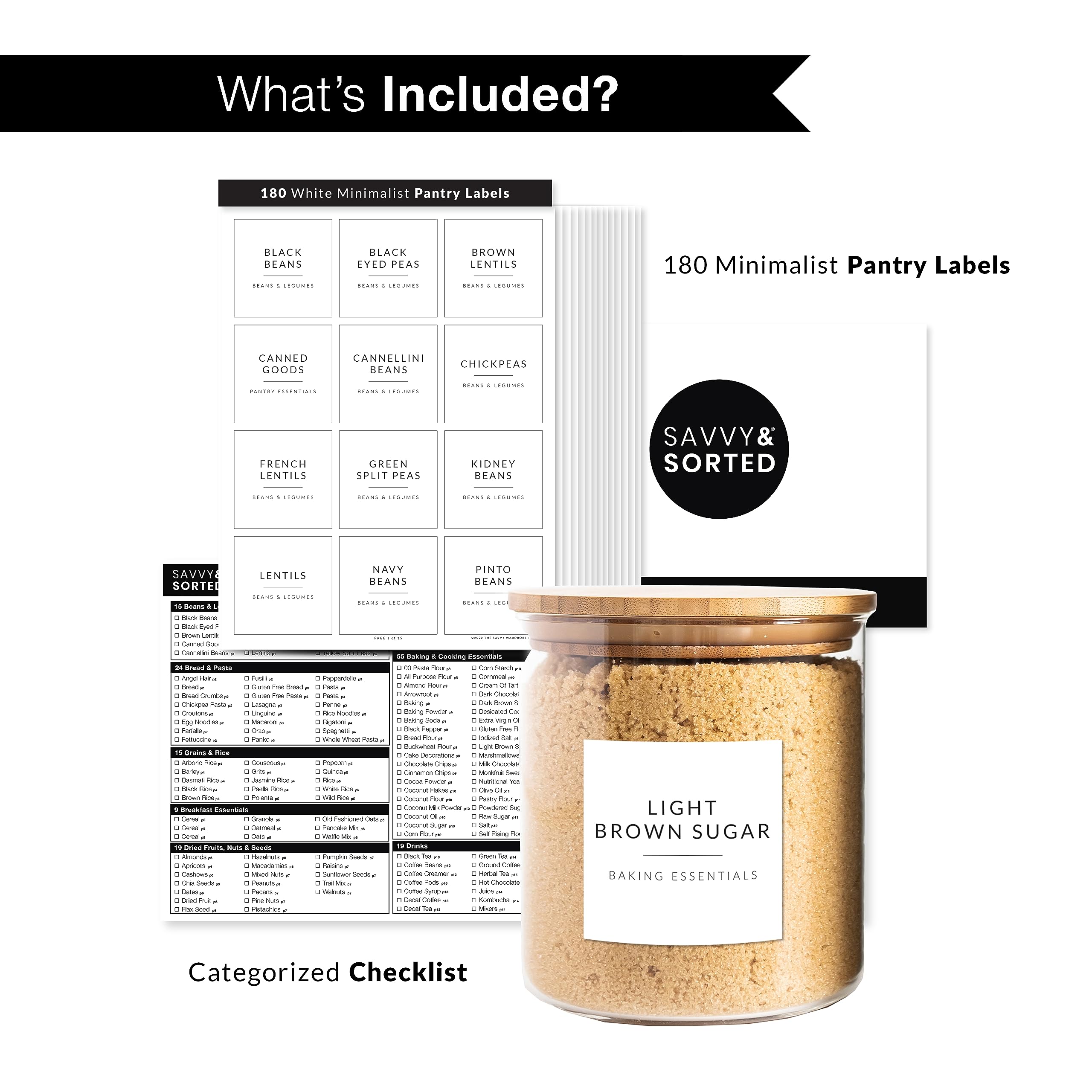SAVVY & SORTED Minimalist Pantry Labels - 180 Waterproof Vinyl Stickers for Food Containers & Kitchen Organization | Perfect for Pantry, Spice Jars, Storage Bins & Home Decluttering