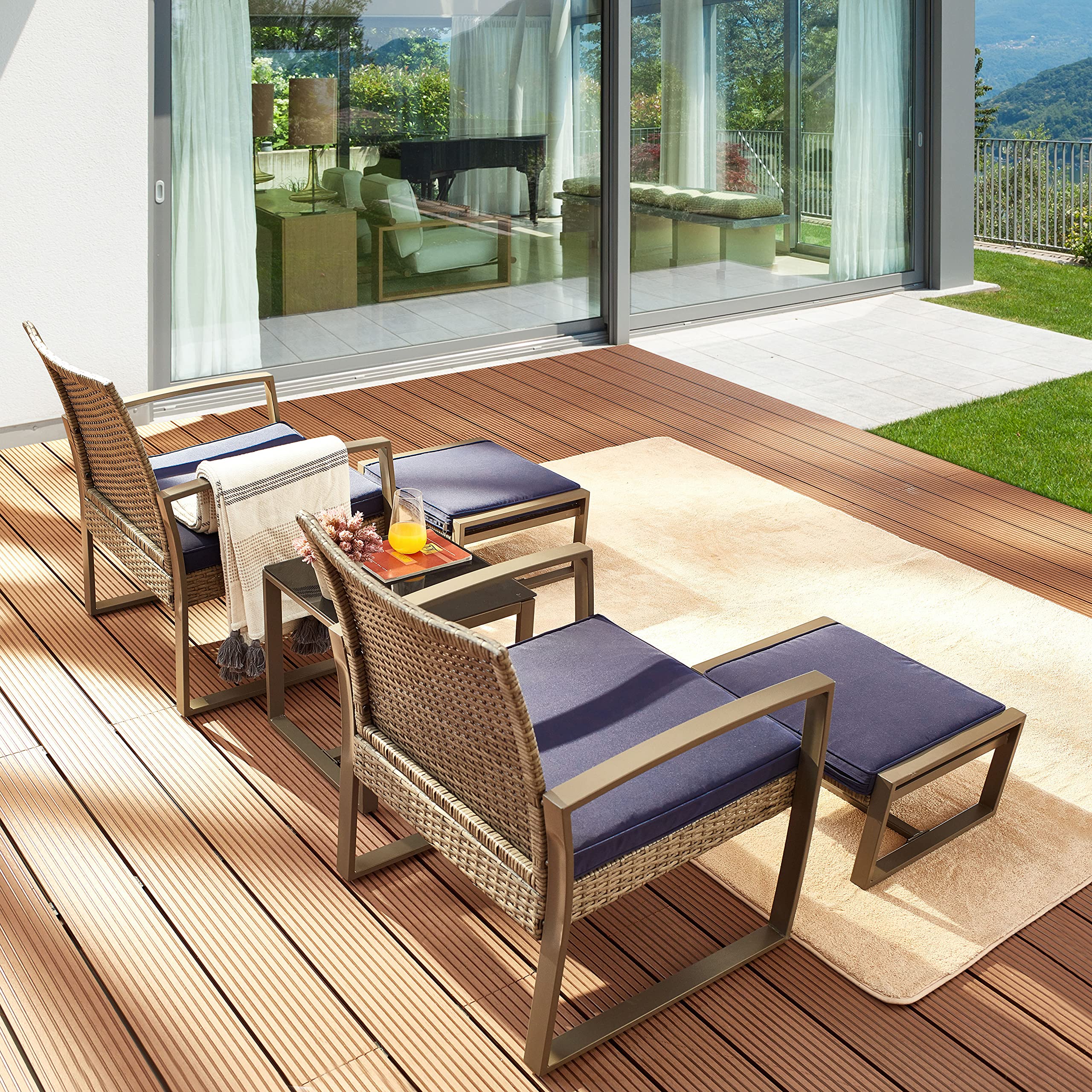 5-Piece Wicker Patio Furniture Set with Cushions - Outdoor PE Rattan Conversation Set Includes Chairs, Ottoman & Side Table for Porch, Balcony, Garden (Blue) - Perfect for Backyard Relaxation & Outdoor Entertaining