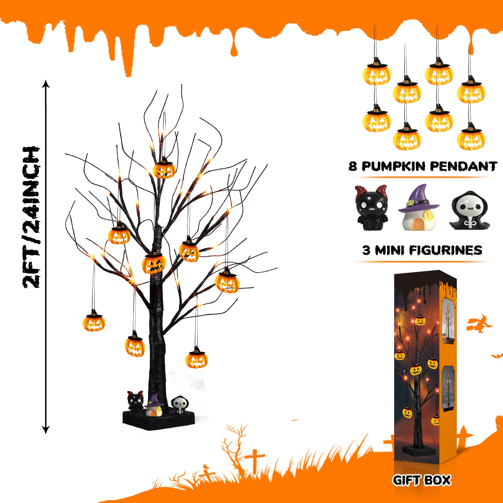PEIDUO 2FT Halloween Tree with 24 Orange LED Lights & 8 Pumpkin Ornaments - Battery Powered Black Halloween Decor with Timer - Perfect for Indoor Home, Desk, Table, and Party Decorations