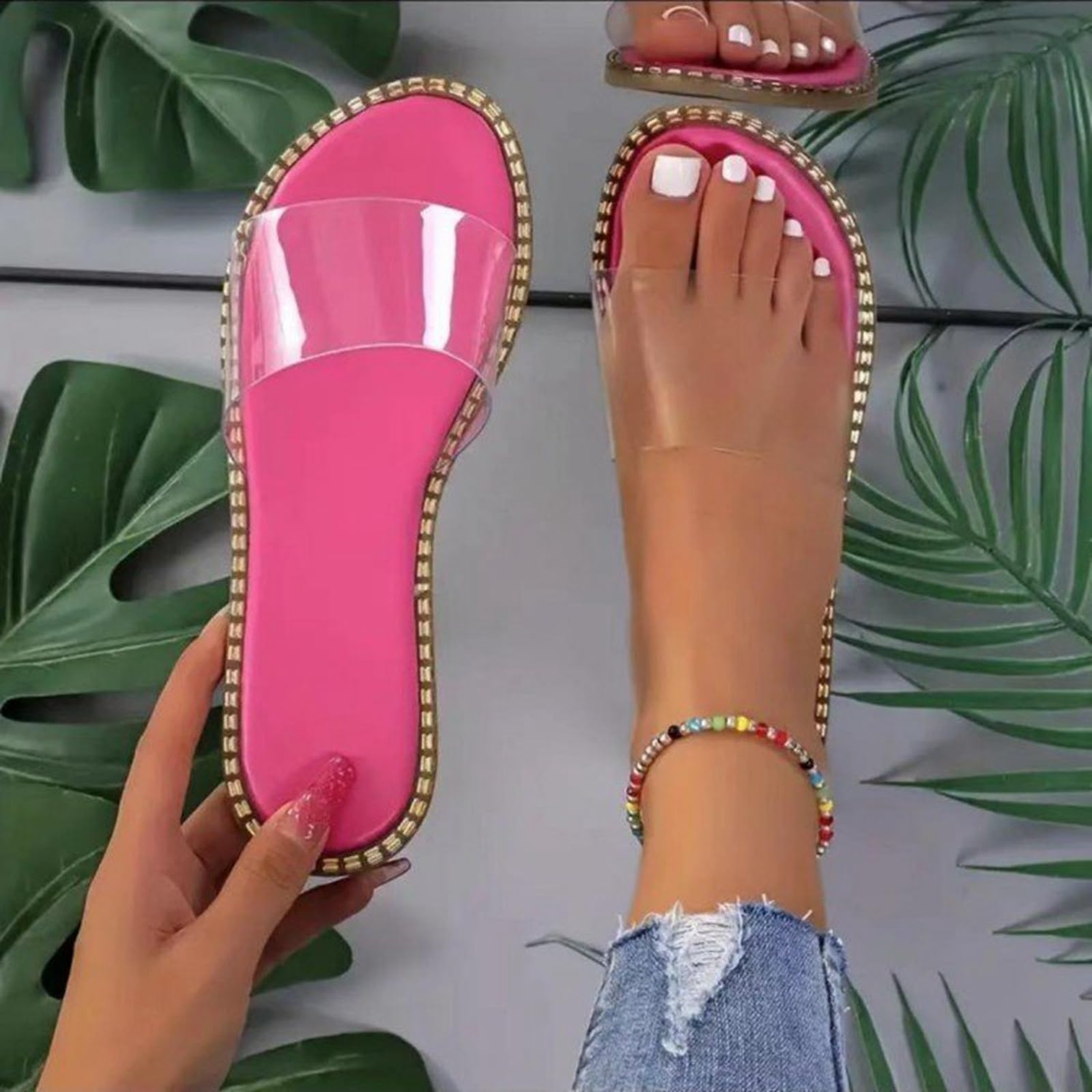 Women's Clear Transparent Flat Sandals - Comfortable Summer Slide Sandals for Beach, Pool, Vacation & Outdoor Wear - Dressy Casual Fashion Footwear for Women