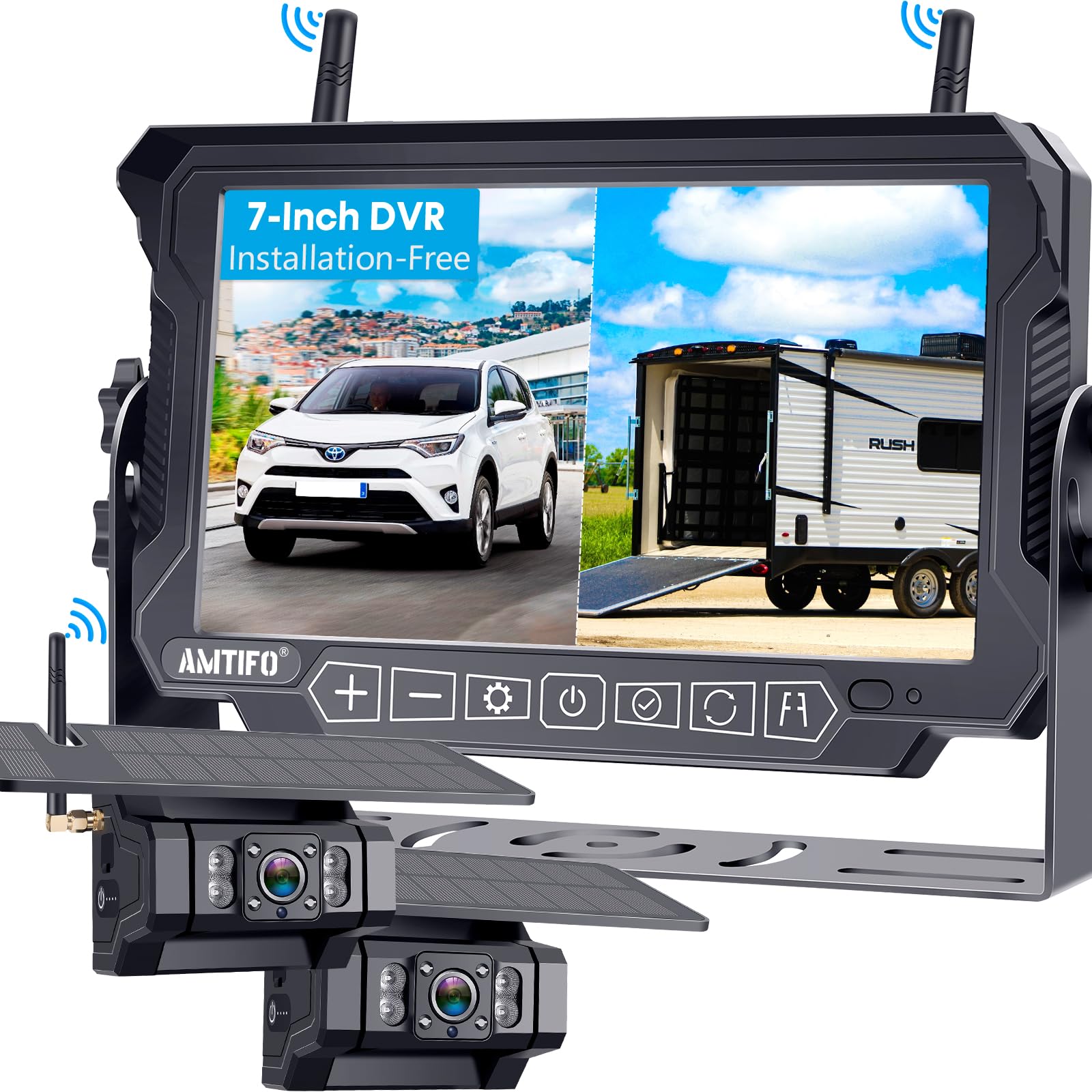 AMTIFO A9 Wireless RV Backup Camera System - 7 Inch Solar Reverse Camera with 2 Magnetic Shockproof Cameras & Iron Brackets for Trailer Trucks | Stable Signal Recording | Easy Install-Free Setup for Safe Parking & Reversing