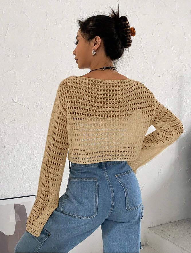 2025 Women's Crochet Knit Hollow Out Sweater - Long Sleeve Summer Cover Up Cropped Top for Beach, Vacation & Casual Outfits