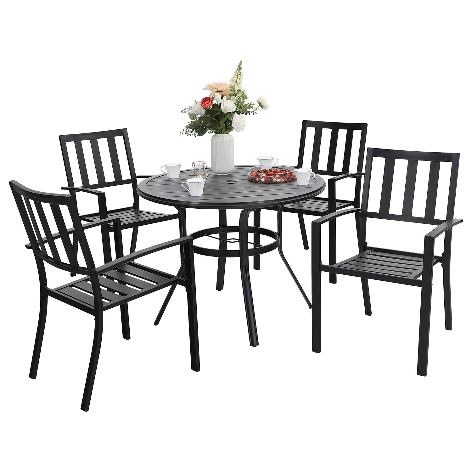 Sophia & William 5-Piece Black Outdoor Patio Dining Set - Round Bistro Table with 4 Stackable Metal Chairs | Perfect for Backyard, Garden, Deck & Poolside Entertaining