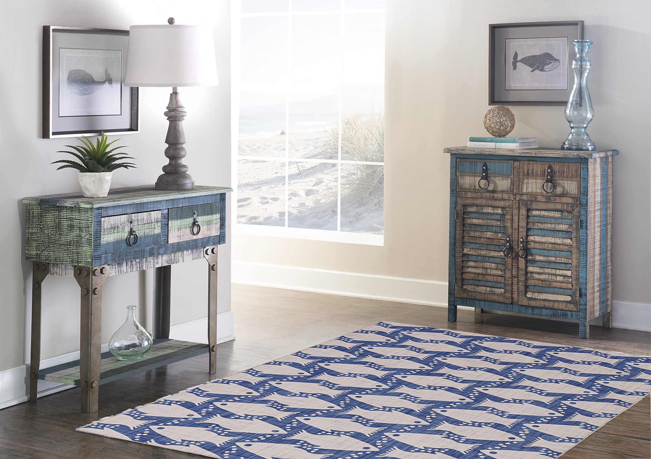 Linon The Anywhere Washable Rug Shayna Ivory/Blue 5' X 7' Area Rug - Soft & Durable Indoor/Outdoor Carpet for Living Room, Bedroom, Patio, or Office