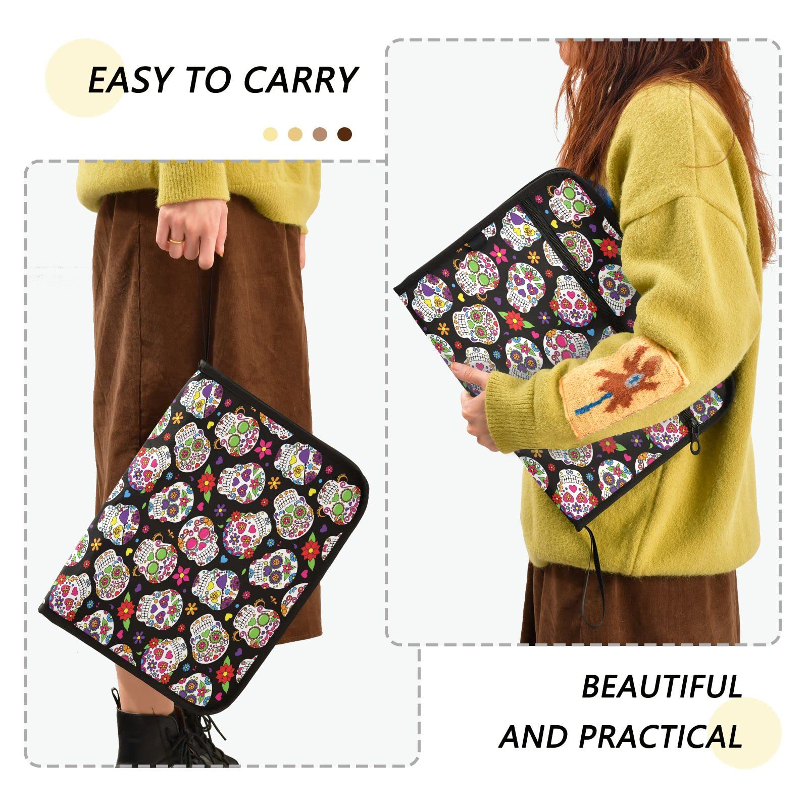 Kcldeci 13-Pocket Expanding File Folder with Zipper Closure - Sugar Skull Design Document Organizer for A4/Letter Paper - Perfect for Office, School, and Home Organization