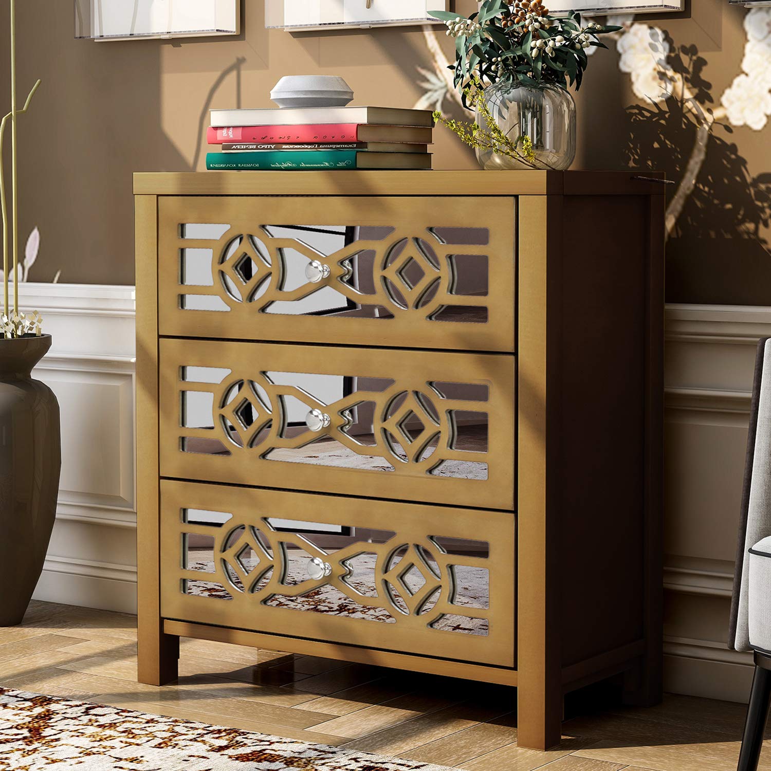 Vintage Wood Storage Cabinet with 3 Drawers & Mirror - for Bedroom, Living Room & Home Decor