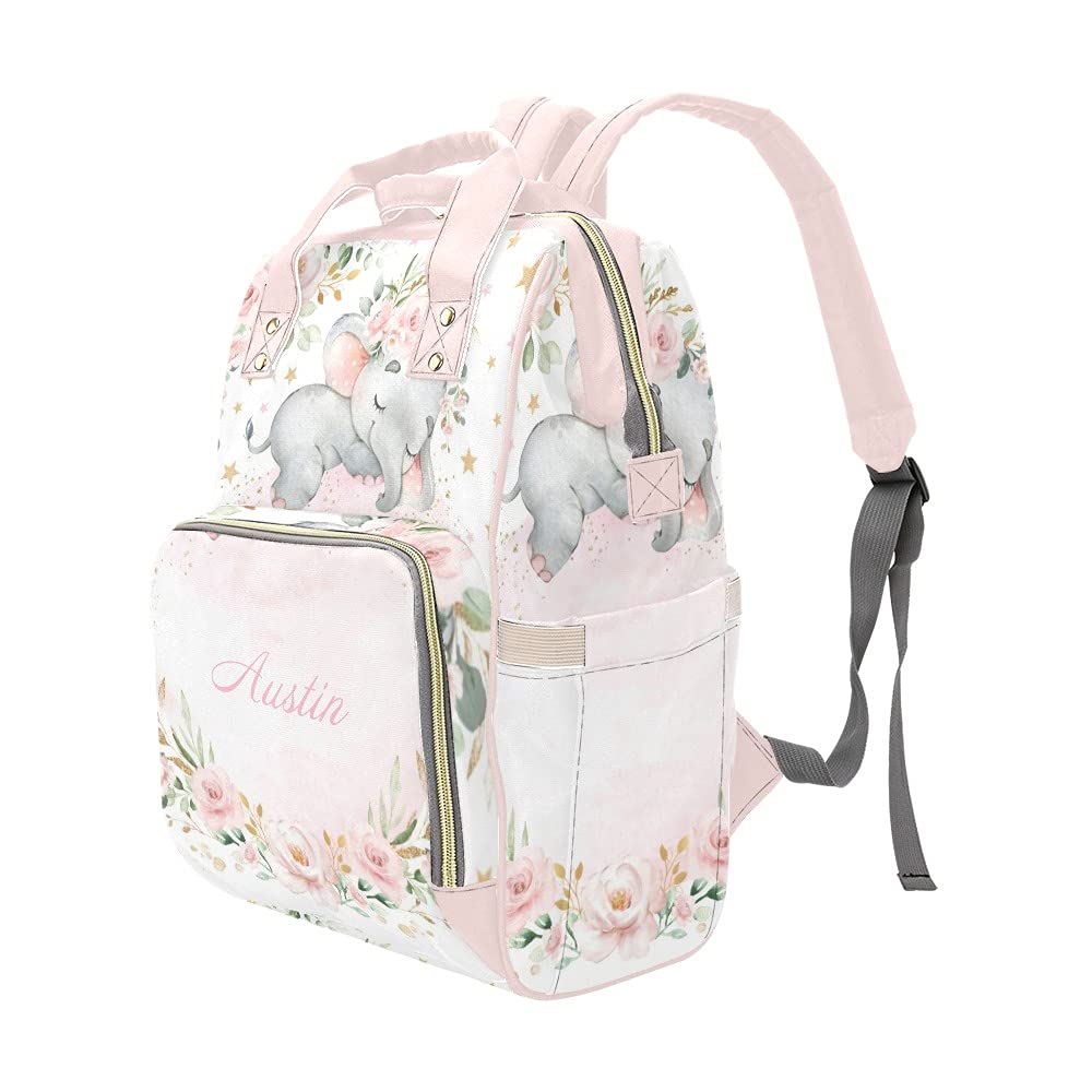 Personalized Blush Gold Elephant Floral Diaper Backpack - Large Capacity Custom Baby Bag with Name Text - Multi-Functional Unisex Travel Backpack for Mom, Dad, Boys & Girls - Perfect for Daycare, Travel & Family Outings