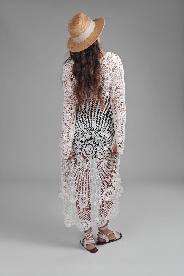 Elegant High Low Long Sleeve Crochet Cover Up - Boho Beach Dress for Women, Perfect for Summer Vacations, Pool Parties, and Resort Wear