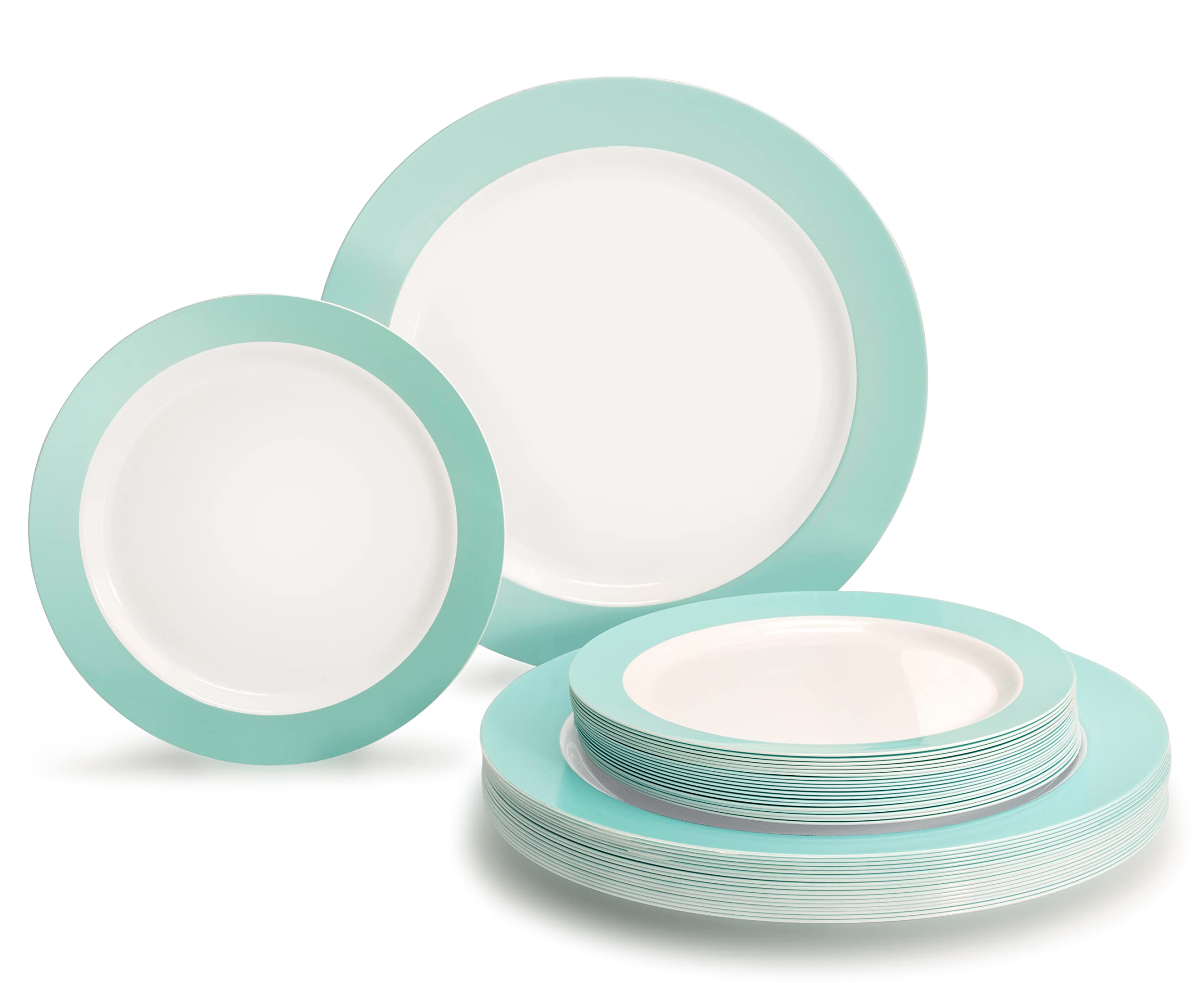 240-Pack Heavyweight Disposable Plastic Plates for Weddings & Parties - 120x10.25'' Dinner Plates + 120x7.5'' Salad/Dessert Plates (Rio Collection White & Turquoise Blue) - Perfect for Large Gatherings, Catering Events & Special Occasions