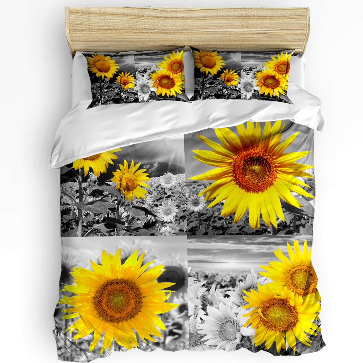 Twin Size 3-Piece Floral Sunflower Duvet Cover Set with 1 Bedspread & 2 Pillowcases - Yellow & Gray Lightweight Comforter Cover for Kids, Children & Adults - Perfect for Bedroom Decor, Guest Room & Dorm Room Essentials