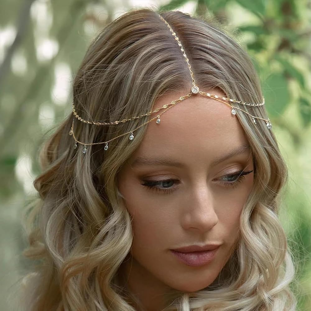 STONEFANS Silver Rhinestone Head Chain Jewelry - Elegant Bride Headpiece, Wedding Headbands, Layered Festival Prom Hair Accessories for Women & Girls (Gold) | Perfect for Weddings, Parties, and Special Occasions