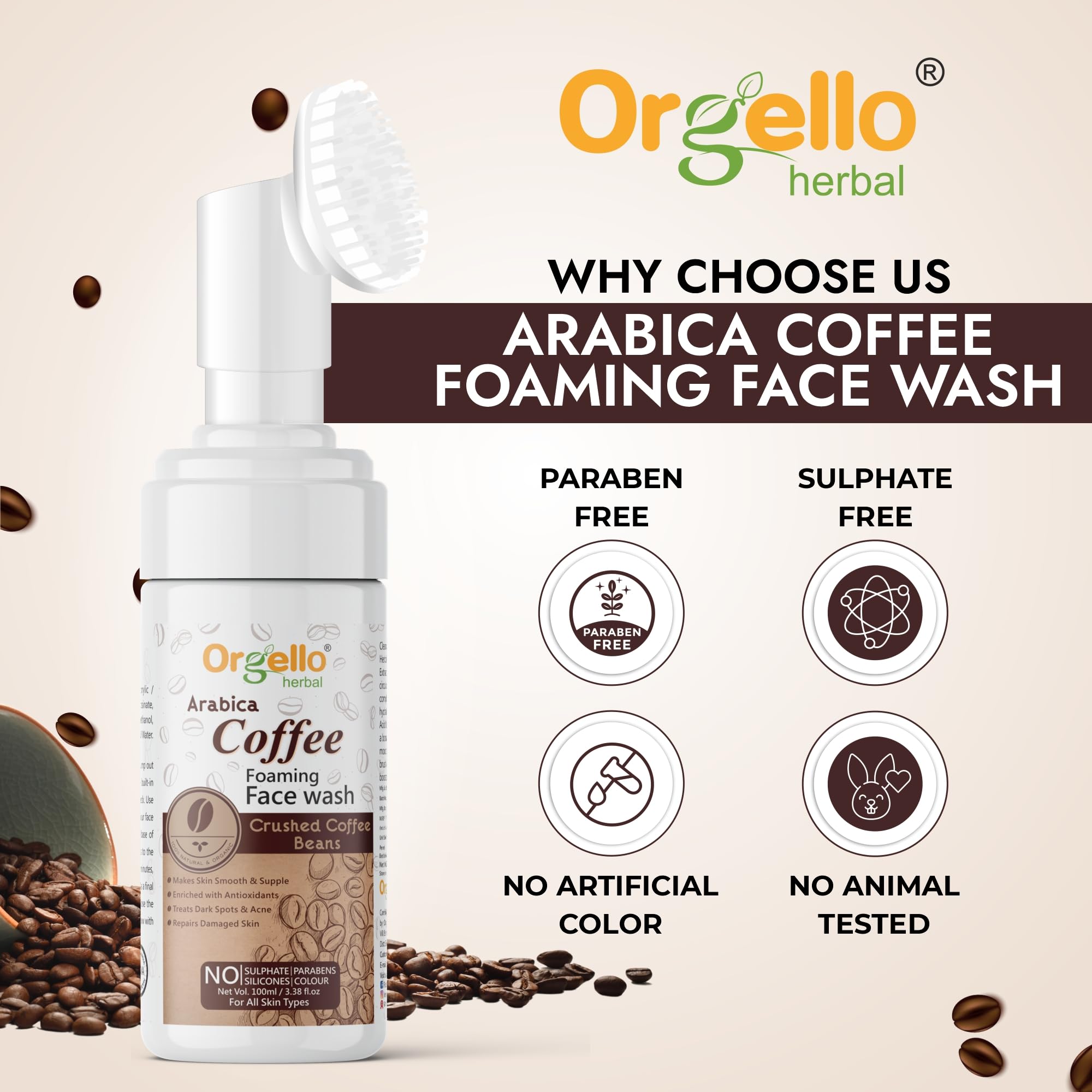 Orgello Arabica Coffee Foaming Face Wash - Sulfate & Paraben Free, Natural Cleanser (100ml) | Gentle Exfoliation for Acne-Prone & Oily Skin | Perfect for Morning Routine & Travel