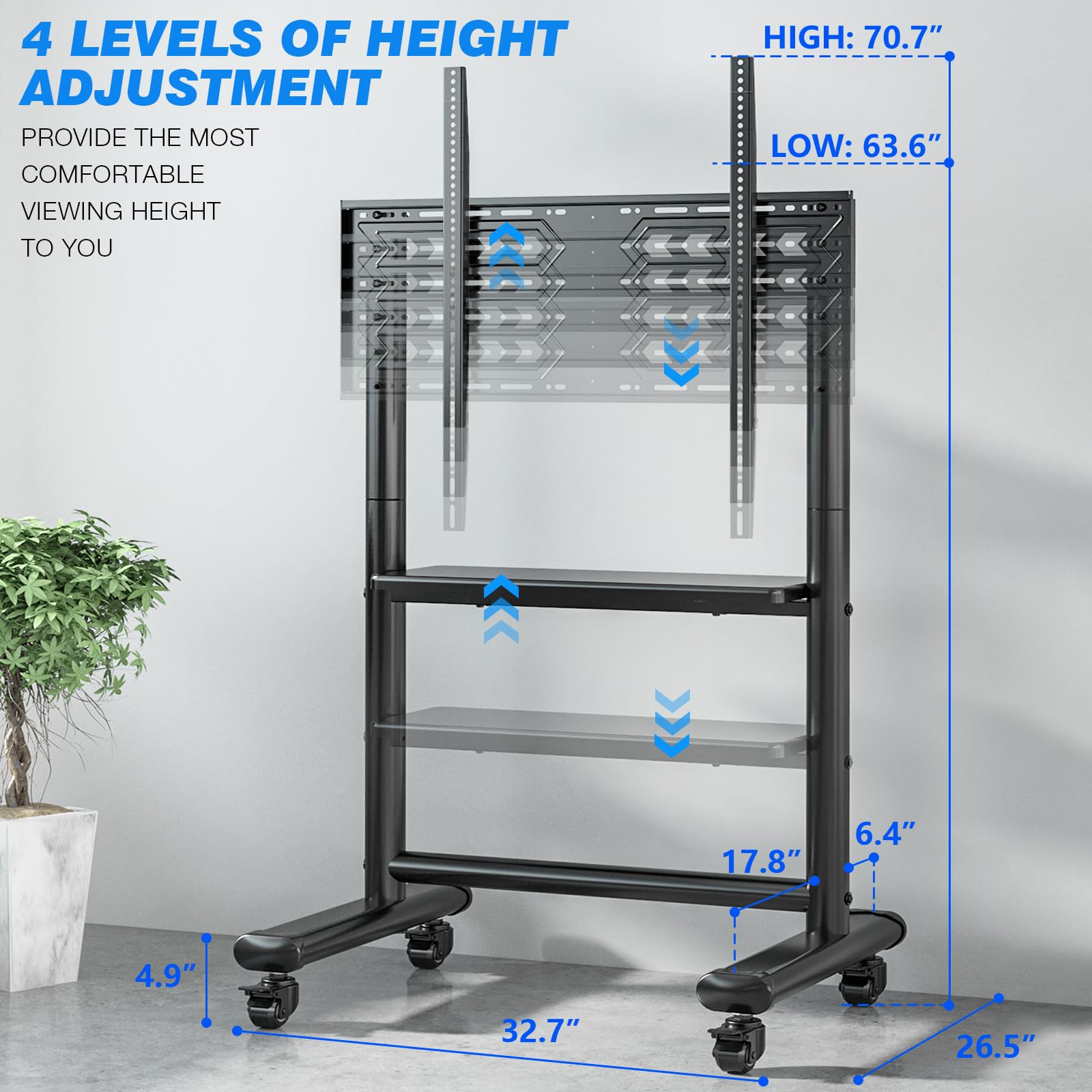 Heavy Duty Mobile TV Stand for 50-92 Inch Large TVs up to 200lbs - Adjustable Height Rolling TV Cart with Locking Wheels & AV Shelf - Perfect for Home Theater, Office Presentations, and Trade Show Displays