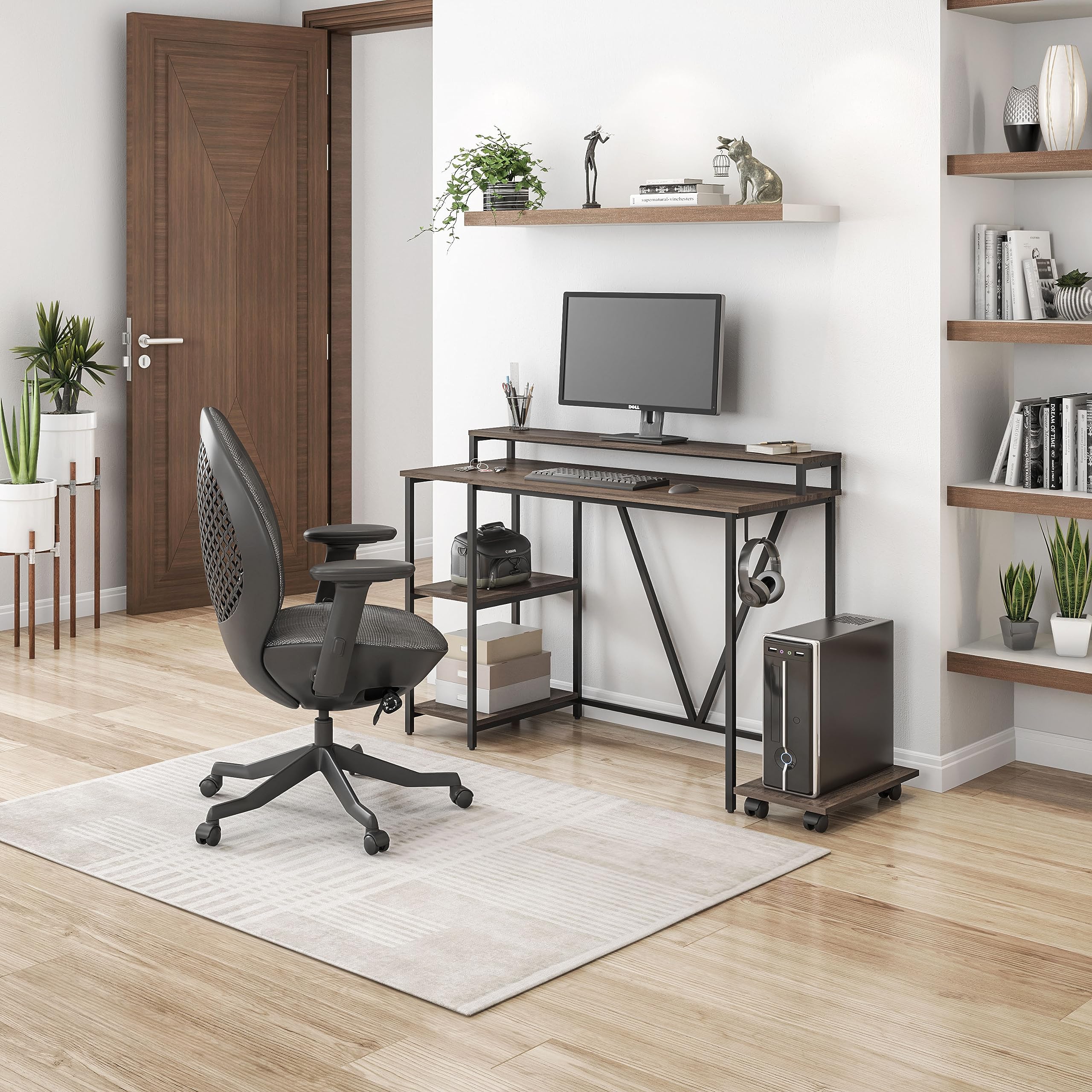 Techni Mobili Industrial Walnut Computer Desk with Storage Shelves, Monitor Stand, CPU Caddy & 2-Tier Bookshelf - Perfect Home Office Laptop Table for Small Spaces & Modern Workstations