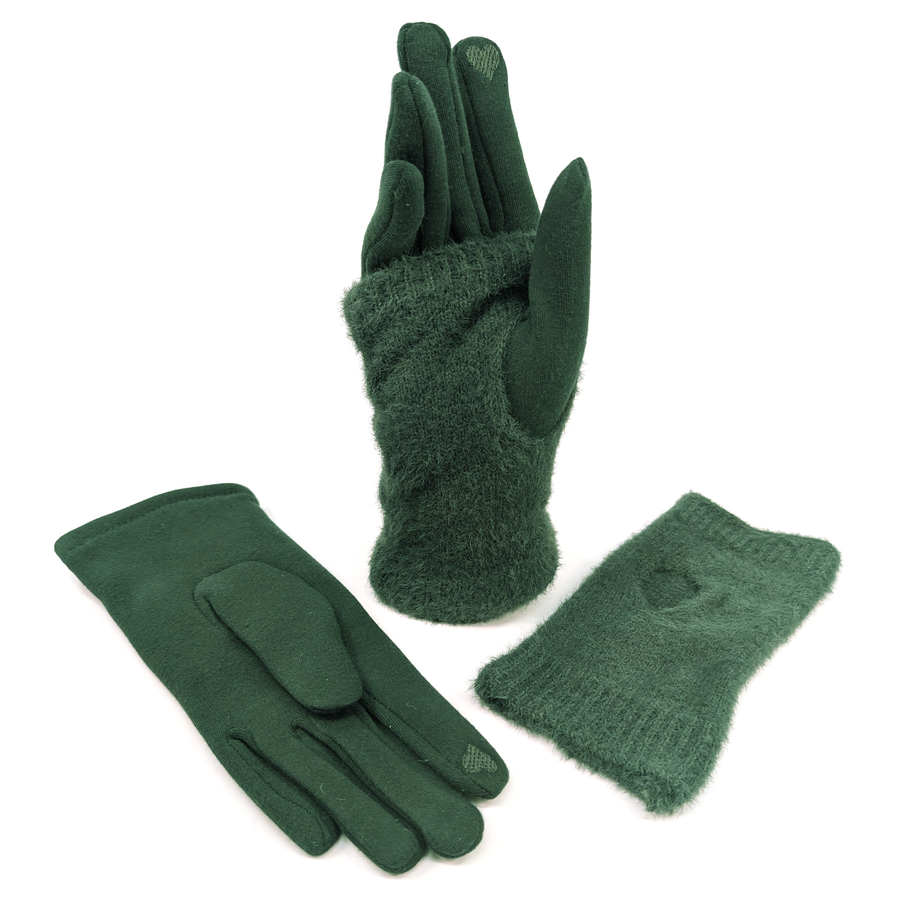 Faux Fur Convertible Gloves - Warm Winter Mittens to Fingerless Gloves, Hunter Green for Outdoor Activities, Hiking, and Cold Weather Fashion