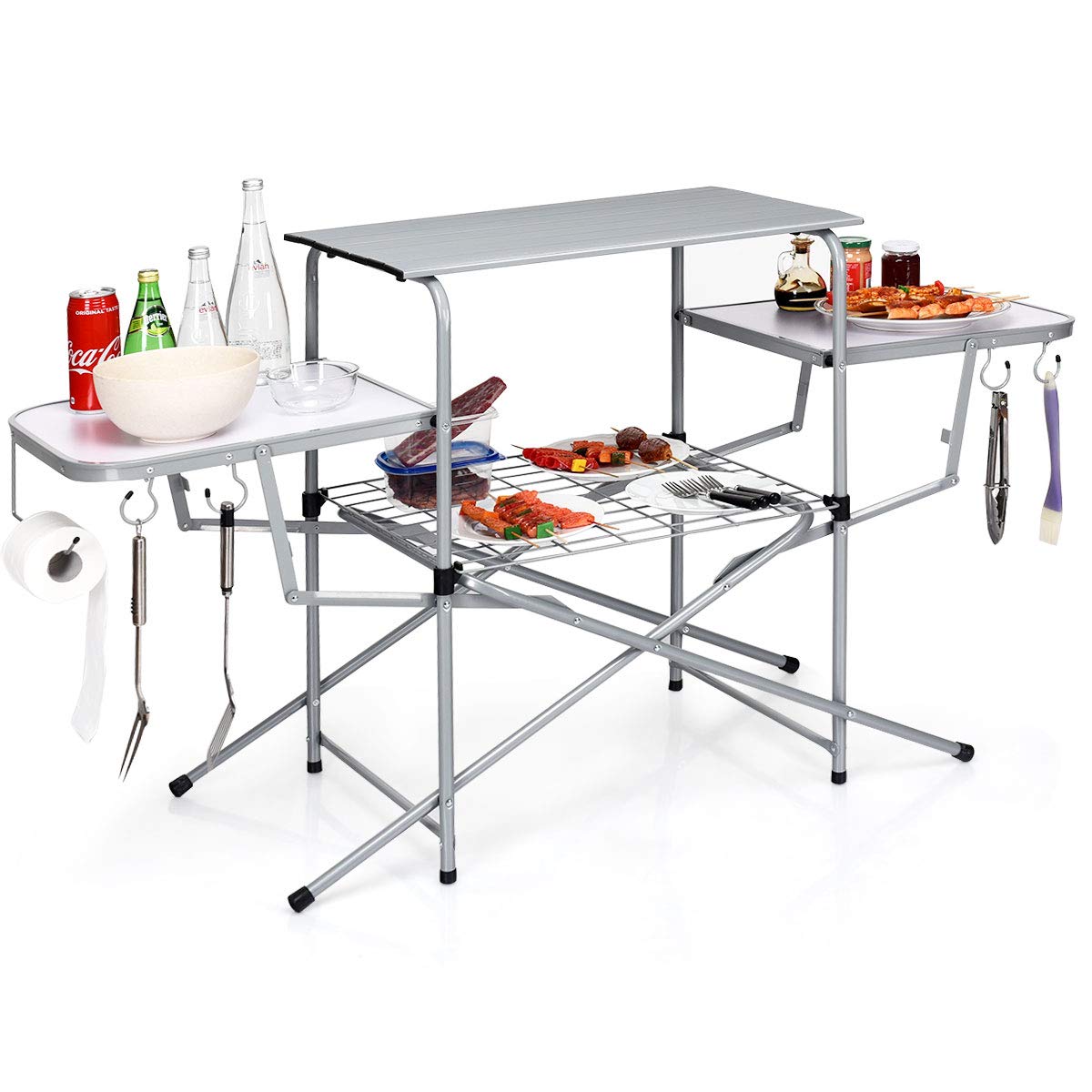 GYMAX Heavy Duty Aluminum Folding Camping Table with Side Table & Carry Bag - Portable Outdoor Picnic Table for Backyard, Beach, RV, BBQ, Hiking - Includes Hooks & Storage (Silver)