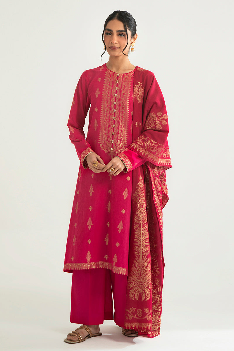 Majestic Charm B 3-Piece Cotton Jacquard Suit Set for Women - Elegant Ethnic Embroidered Outfit for Weddings, Parties & Special Occasions