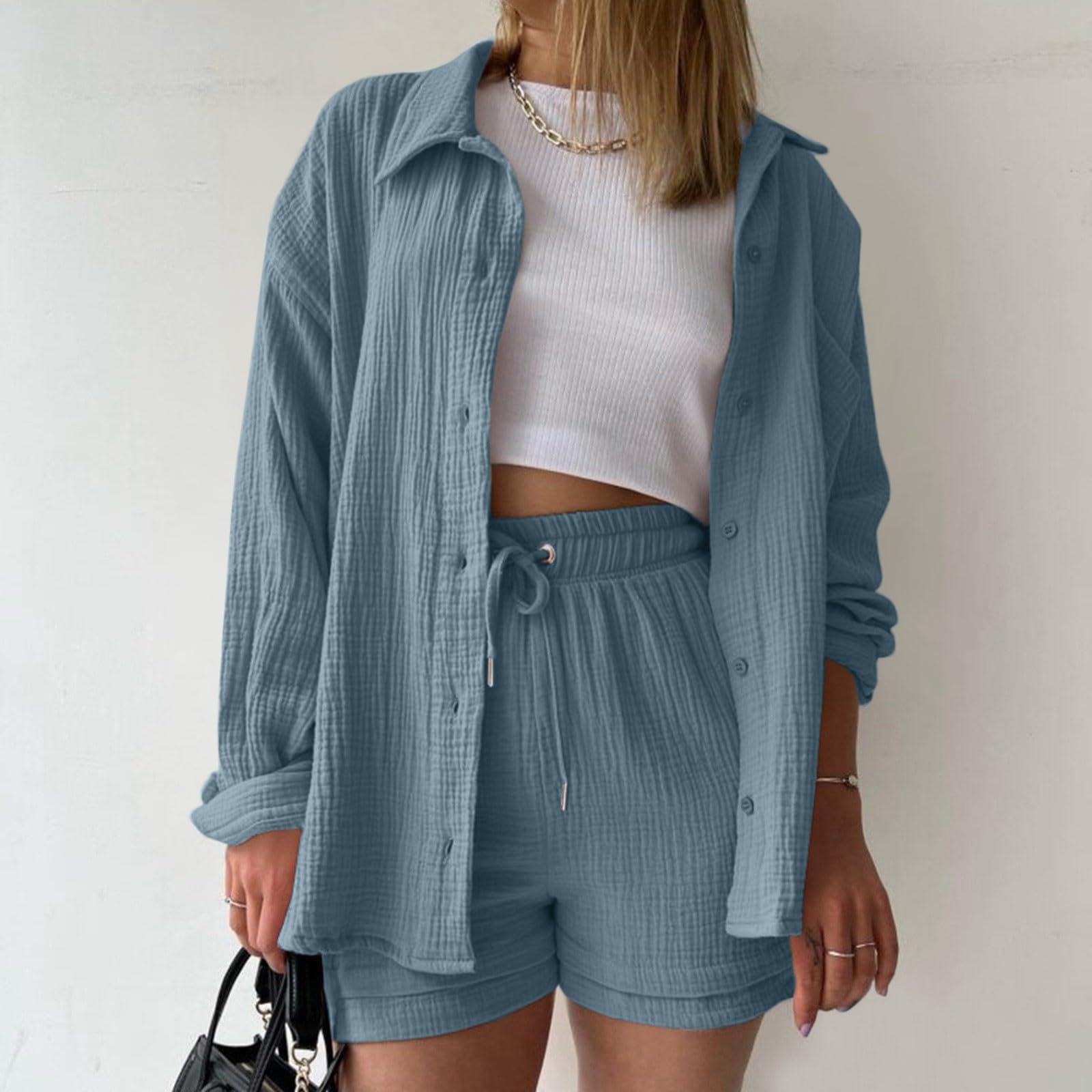 Women's 2-Piece Lounge Set - Soft Cotton Linen Long Sleeve Button Down Blouse & Comfortable Shorts Sweatsuit Outfit | Perfect for Vacation, Yoga, and Relaxing at Home