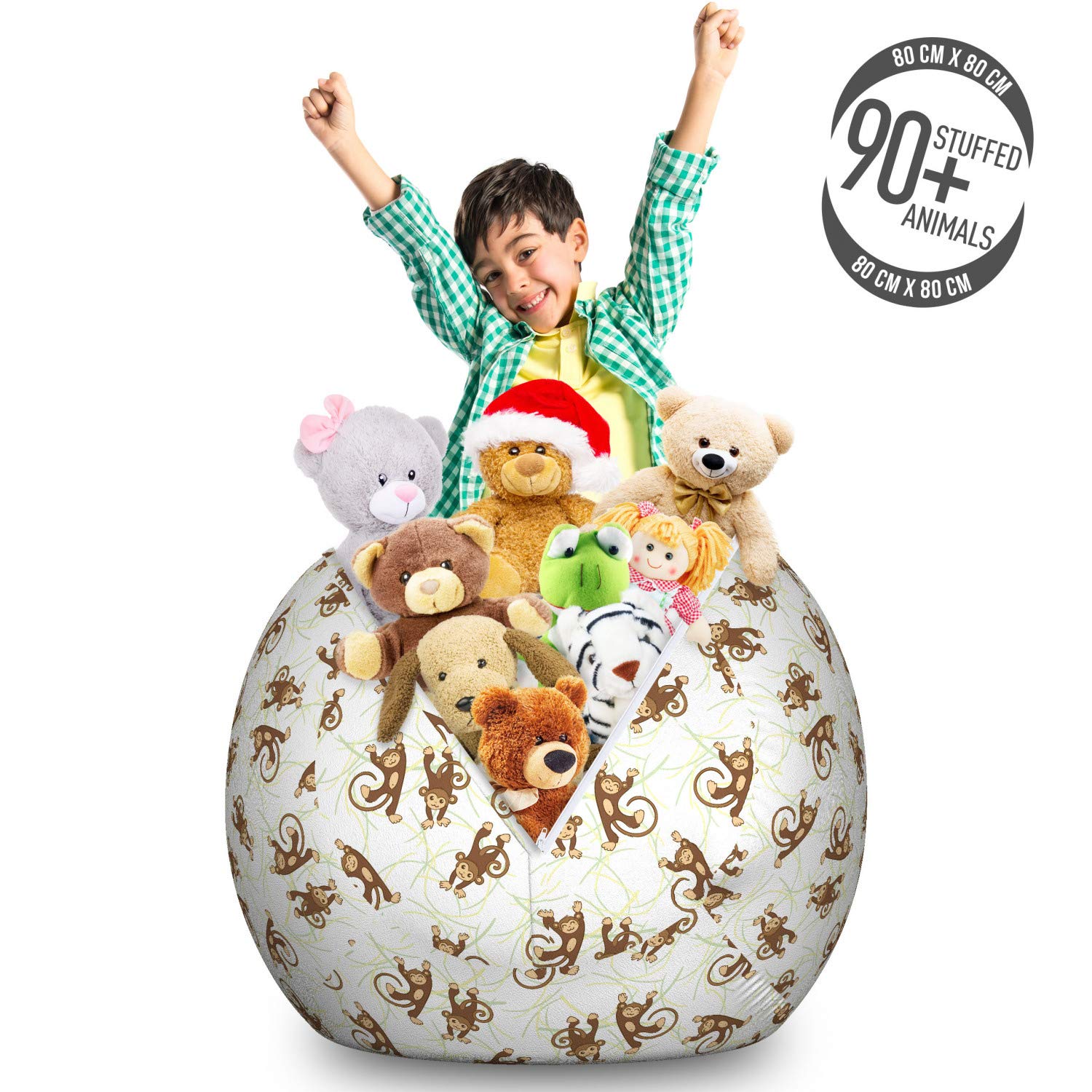 Ambesonne Forest Friends Toy Storage Bag Chair - Large Washable Stuffed Animal Organizer with Cheerful Monkey Pattern in Umber Pastel Brown | Perfect for Kids' Room Organization & Playroom Decor