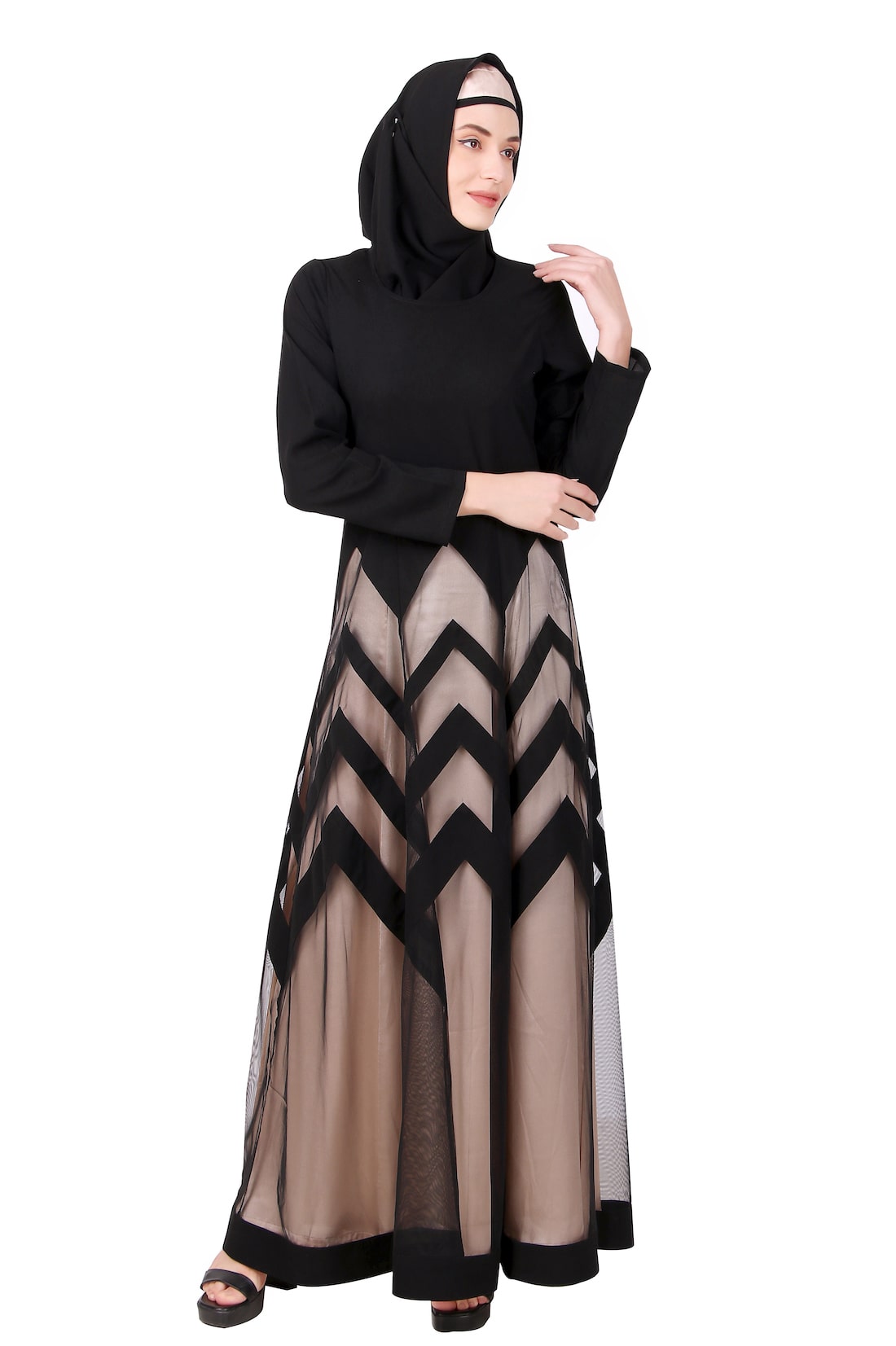 Elegant Designer Zig Zag Pattern Nida & Net Abaya - Modest Islamic Dress for Women - Perfect for Prayer, Eid, and Special Occasions