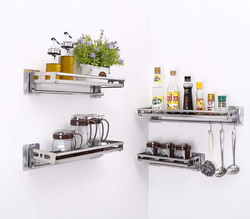 Stainless Steel Wall Mounted Kitchen Shelves with 4 Hooks - 60cm Spice Rack & Multifunctional Organizer for Bathroom, Kitchen Storage - Perfect for Small Spaces, Pantry Organization & Home Decor