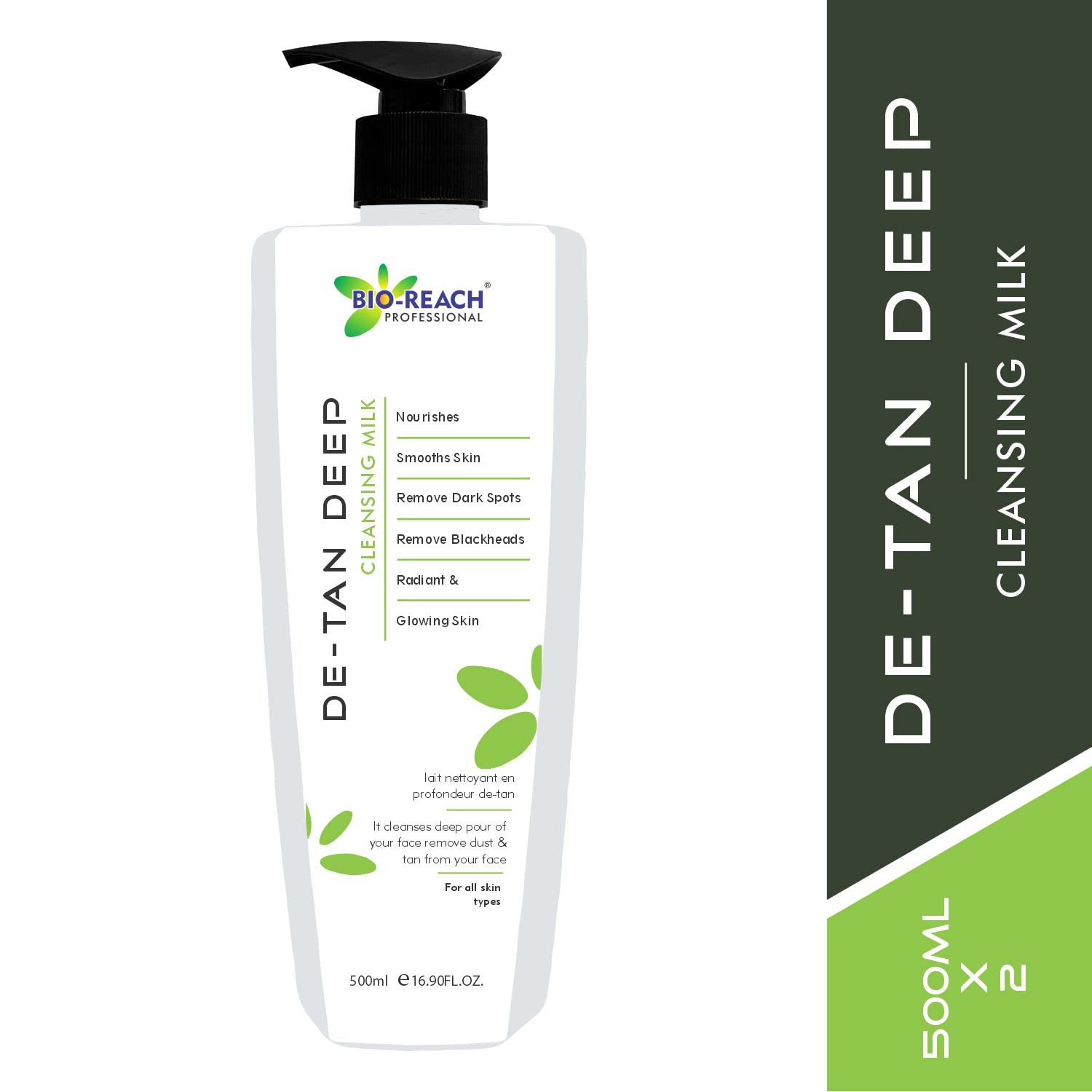BIO-REACH DE-TAN Deep Cleansing Milk for Face - 2 Pack (500ml Each) - Brightening & Exfoliating Facial Cleanser for Dark Spots & Uneven Skin Tone - Perfect for Daily Skincare Routine & Post-Sun Care