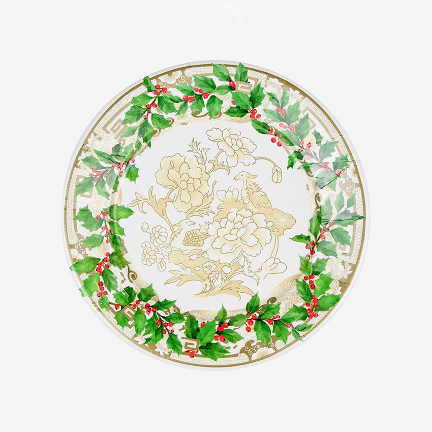Caspari Holly Ceramic Ivory & Gold Plate - Elegant Dinnerware Set for Holiday Parties & Special Occasions