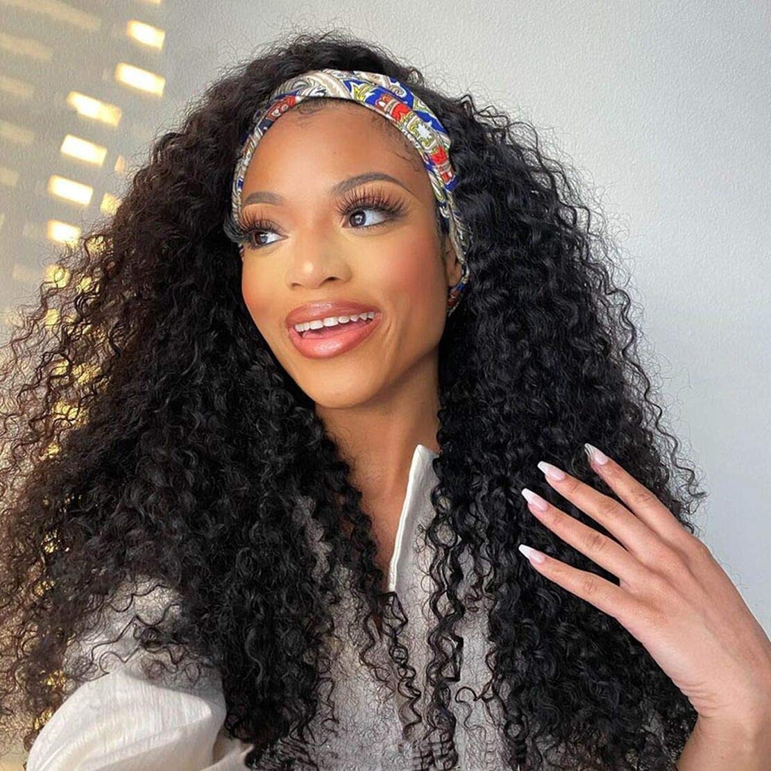 26 Inch Brazilian Human Hair Headband Wig - Deep Wave 150% Density Glueless Non Lace Front Machine Made Wig - Natural Black Women's Wet & Wavy Curly Half Wig for Daily Wear & Special Occasions