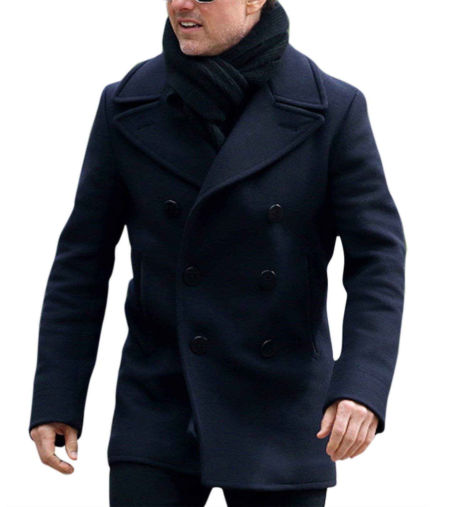 Men's Ethan Hunt Navy Pea Coat - Tom Cruise Impossible 6 Blue Wool Blend Winter Jacket for Cold Weather | Stylish Outerwear for Business, Travel & Formal Occasions