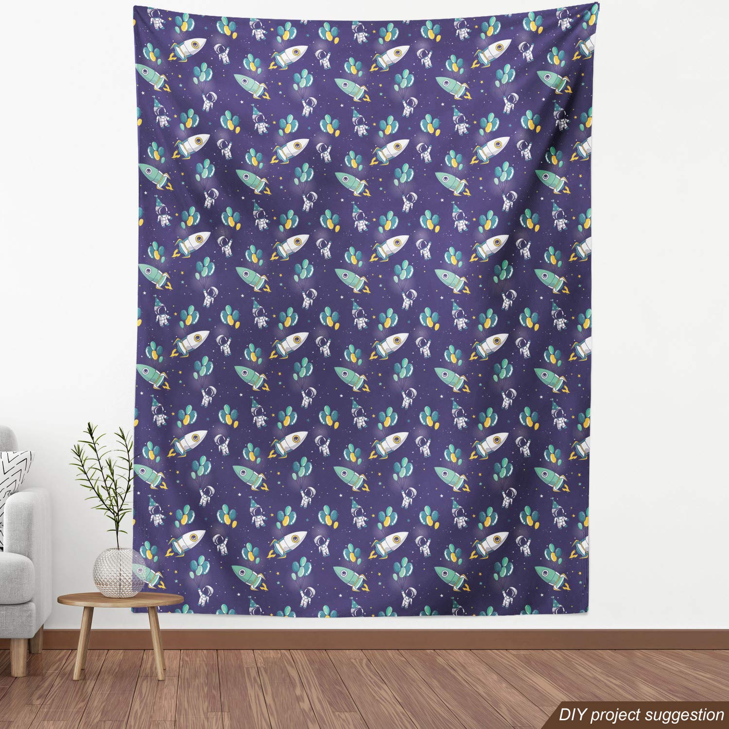 Ambesonne Party Fabric by The Yard - Starry Space with Balloons & Rockets Print | Boys Birthday Celebration Decorative Fabric | 2 Yards Violet Blue Yellow | Upholstery, Home Decor, DIY Crafts, Table Runners, Curtains & Party Backdrops
