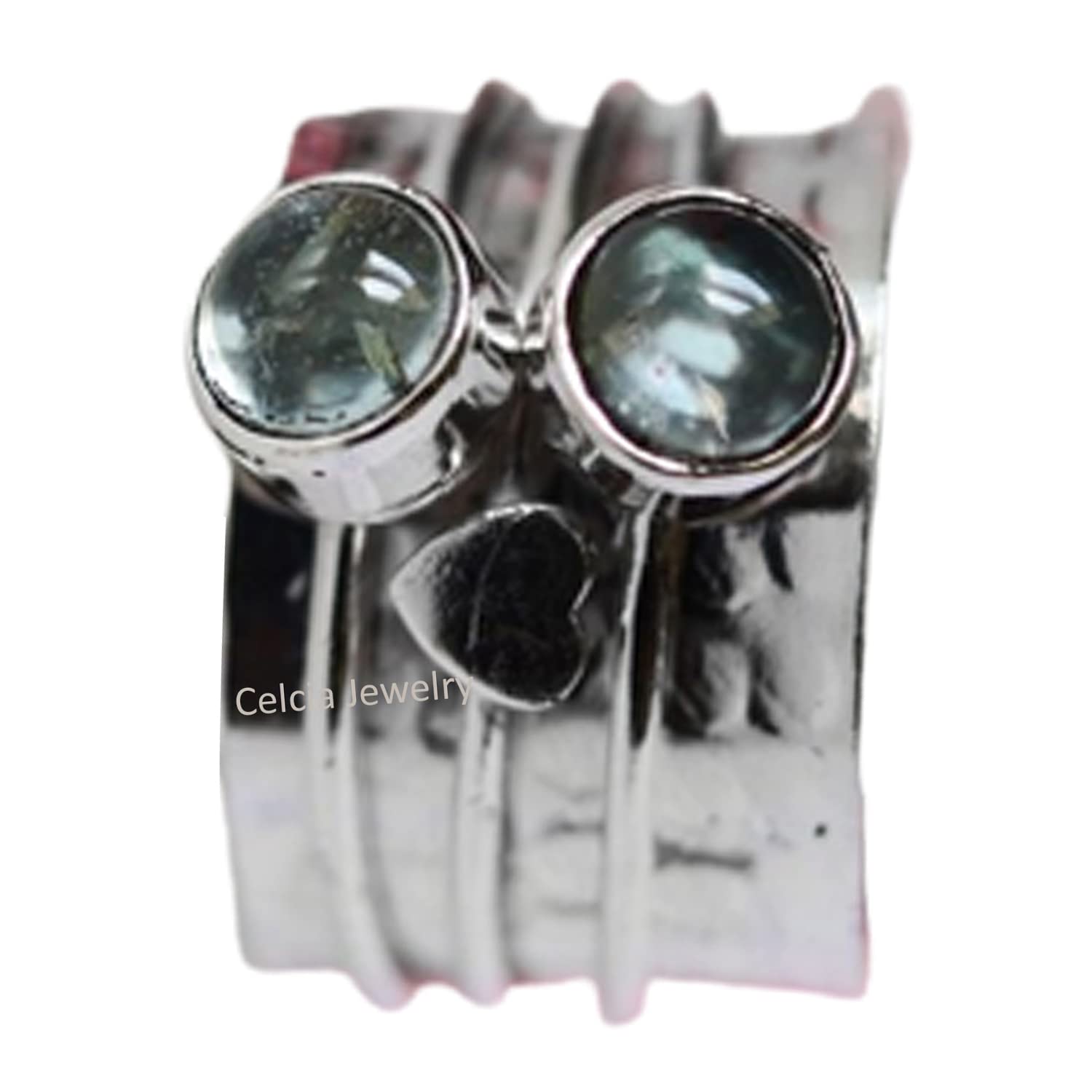 Natural Aquamarine Double Gemstone Heart Spinner Ring - Handmade Hammered Meditation & Fidget Ring for Stress Relief - March Birthstone Jewelry - Perfect Gift for Women, Girlfriend & Loved Ones (Size 7) - Ideal for Anxiety Relief, Mindfulness Practice & Stylish Everyday Wear