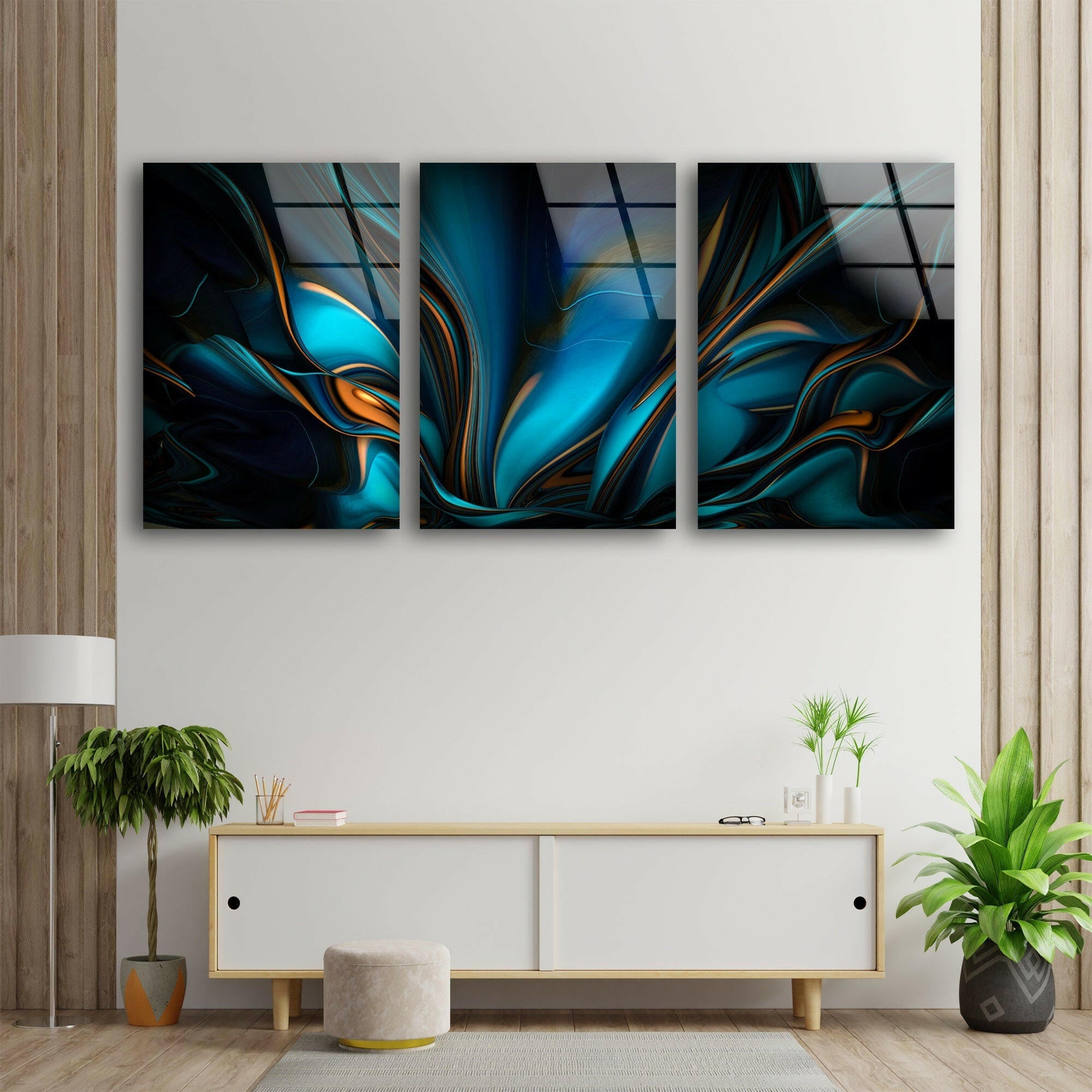 Abstract Blue and Orange Glass Wall Art - Modern Home Decor for Living Room, Bedroom & Office