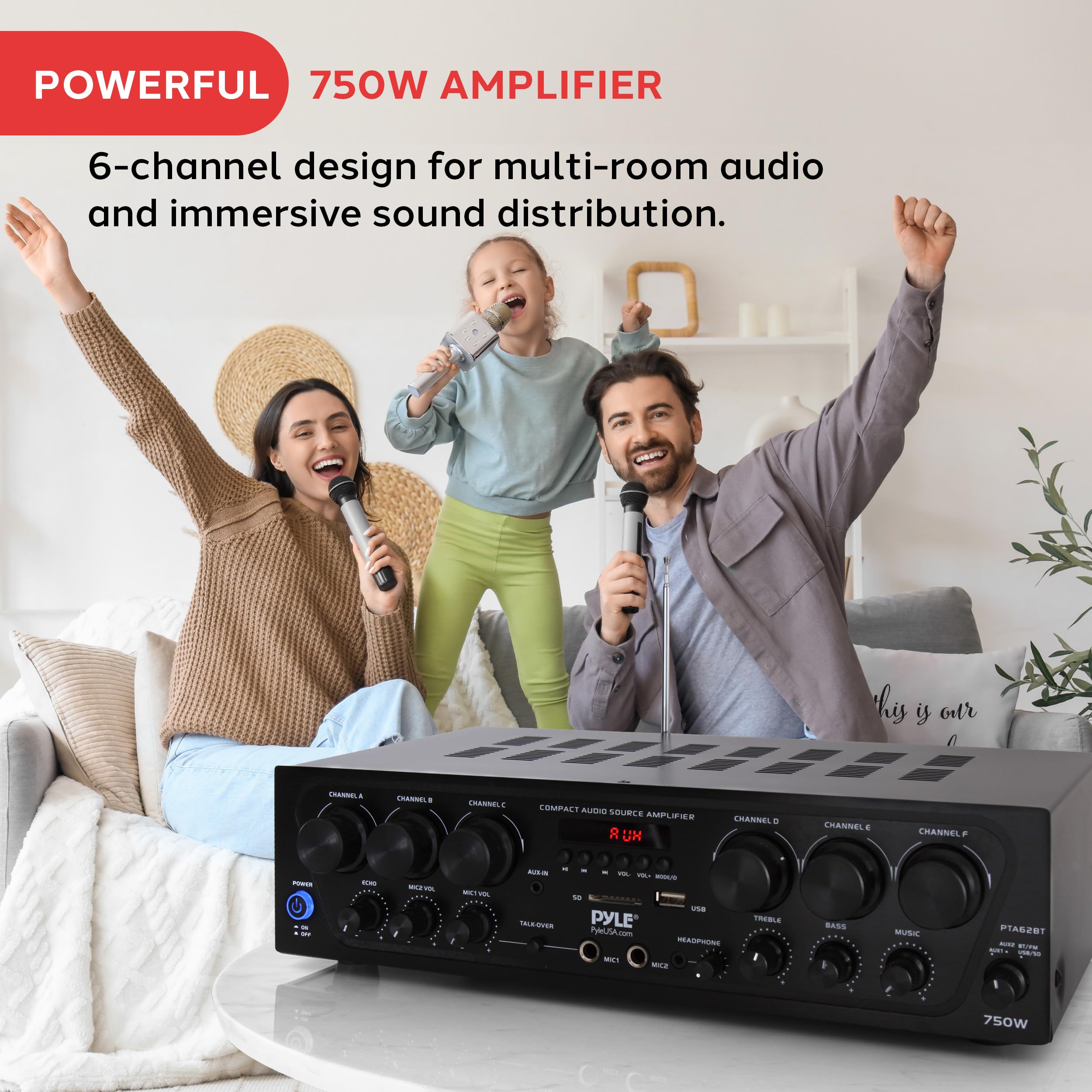 Pyle Wireless Bluetooth Home Audio Amplifier System - 6 Channel 750W Power Stereo Receiver with USB, Micro SD, Headphone Jack & Dual Mic Inputs with Echo, Talkover - Perfect for Home Theater, Karaoke Parties & PA Systems - PTA62BT.5