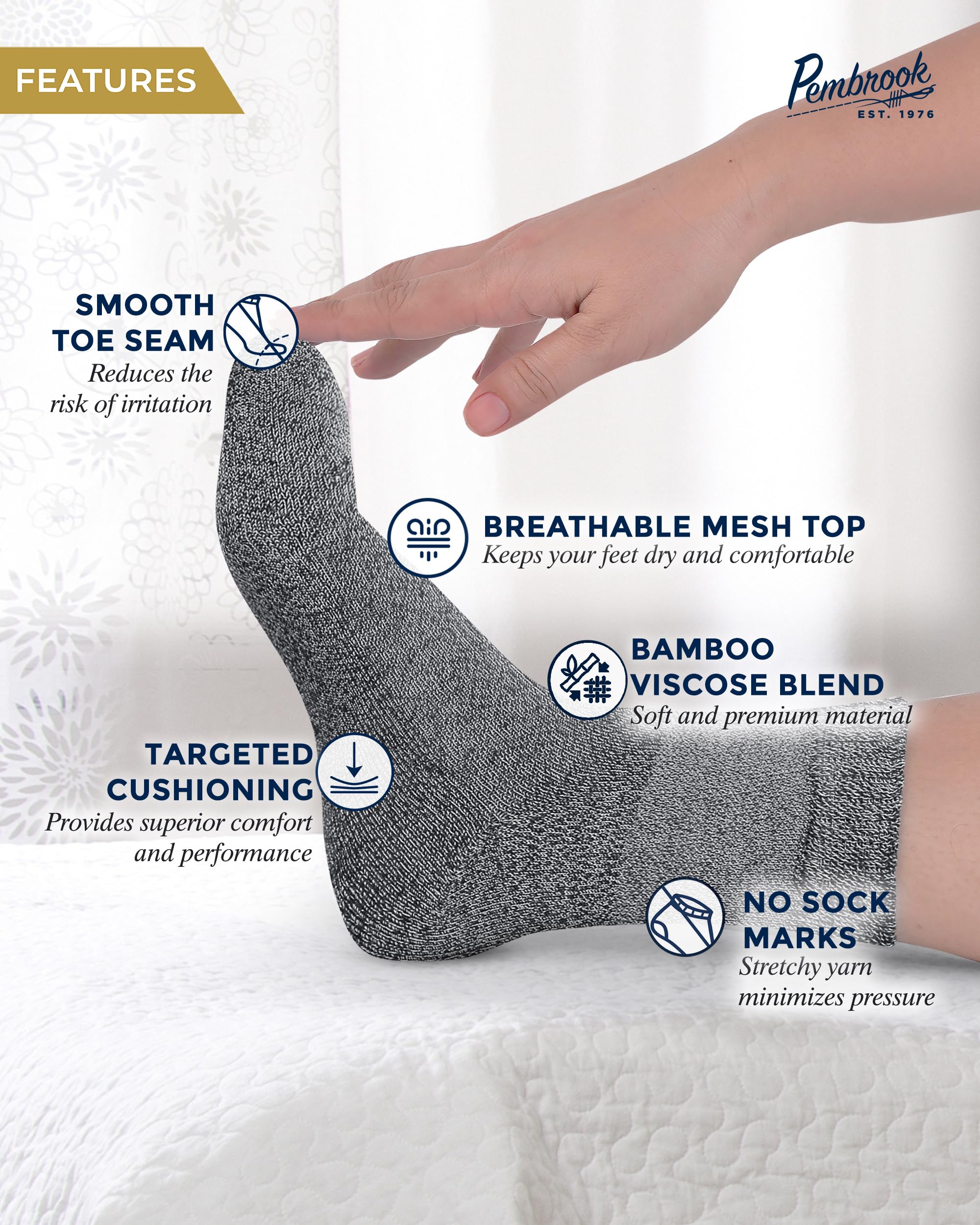 Pembrook Bamboo Viscose Diabetic Socks for Women & Men - 6 Pairs Breathable Ankle Socks for Swollen Feet, Neuropathy Relief | Moisture-Wicking, Non-Binding Comfort Socks in Black, White, Beige, Aqua, Blue, Navy | Ideal for Diabetes Care, Travel & Daily Wear